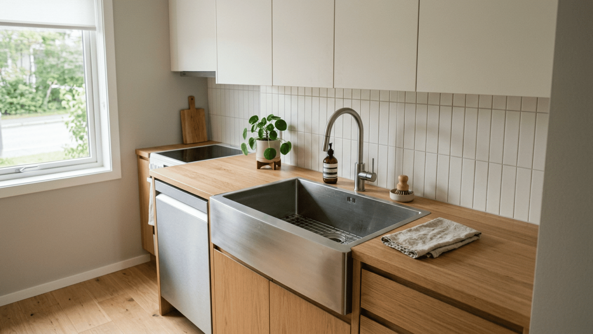 small kitchen with a large steel sink wood countertop white tile backsplash potted plant window and folded towel