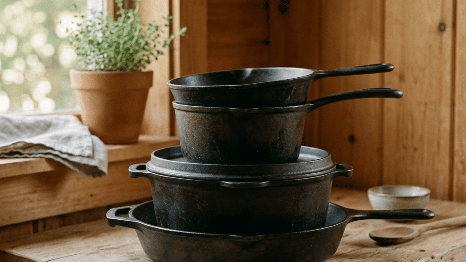 small set of dark cast iron pots and pans stacked neatly on a light wood surface with a window and a small plant in the background (1)