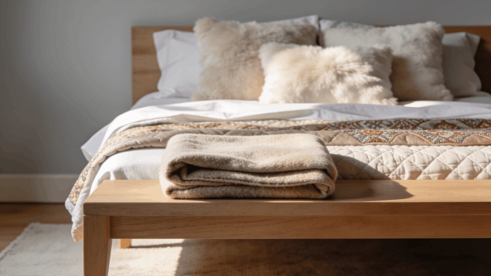 small throw blanket folded at the foot of a bed with pillows and layered bedding cozy modern bedroom