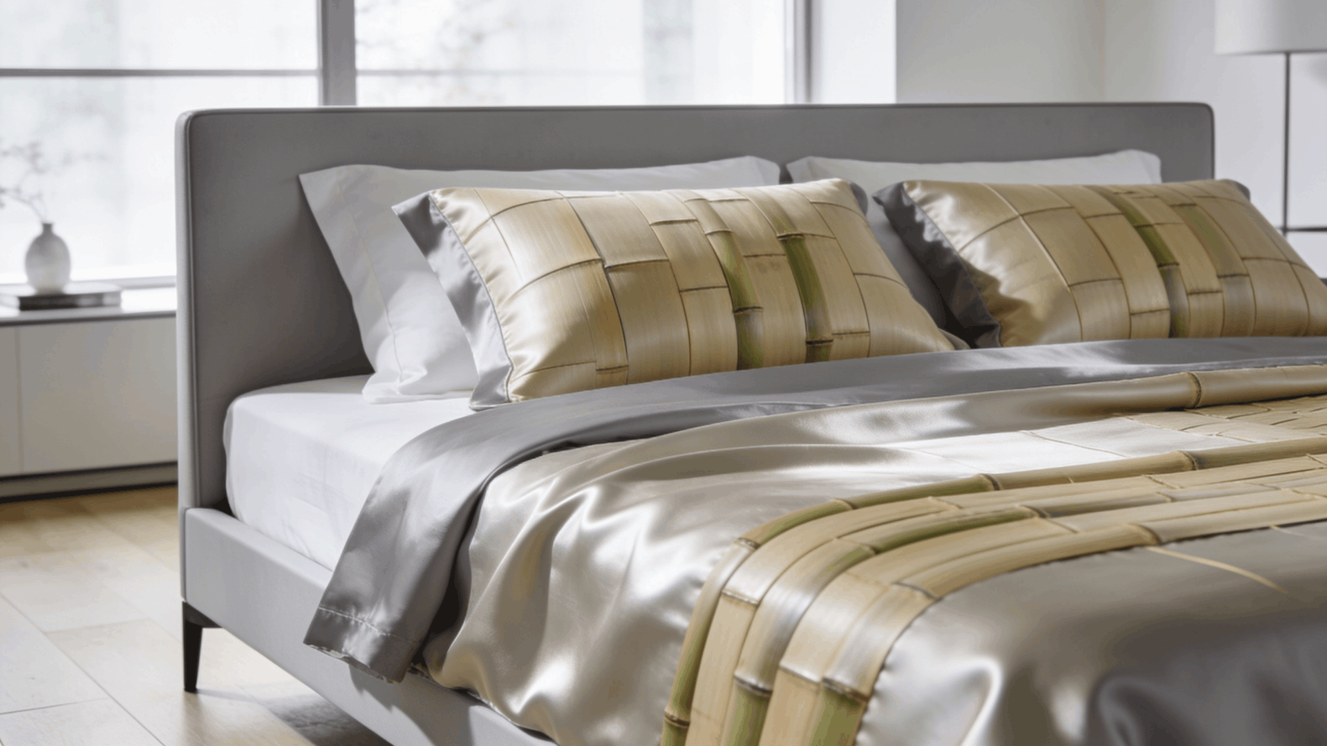 smooth bamboo bedding on a modern bed showing silky soft fabric cool clean bedroom style light neutral colors