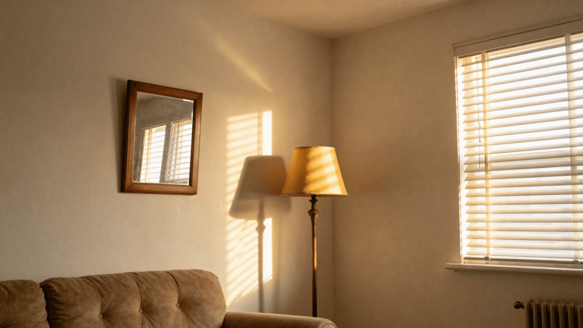 sofa a mirror and two lamps are illuminated by natural light streaming through blinds on a window