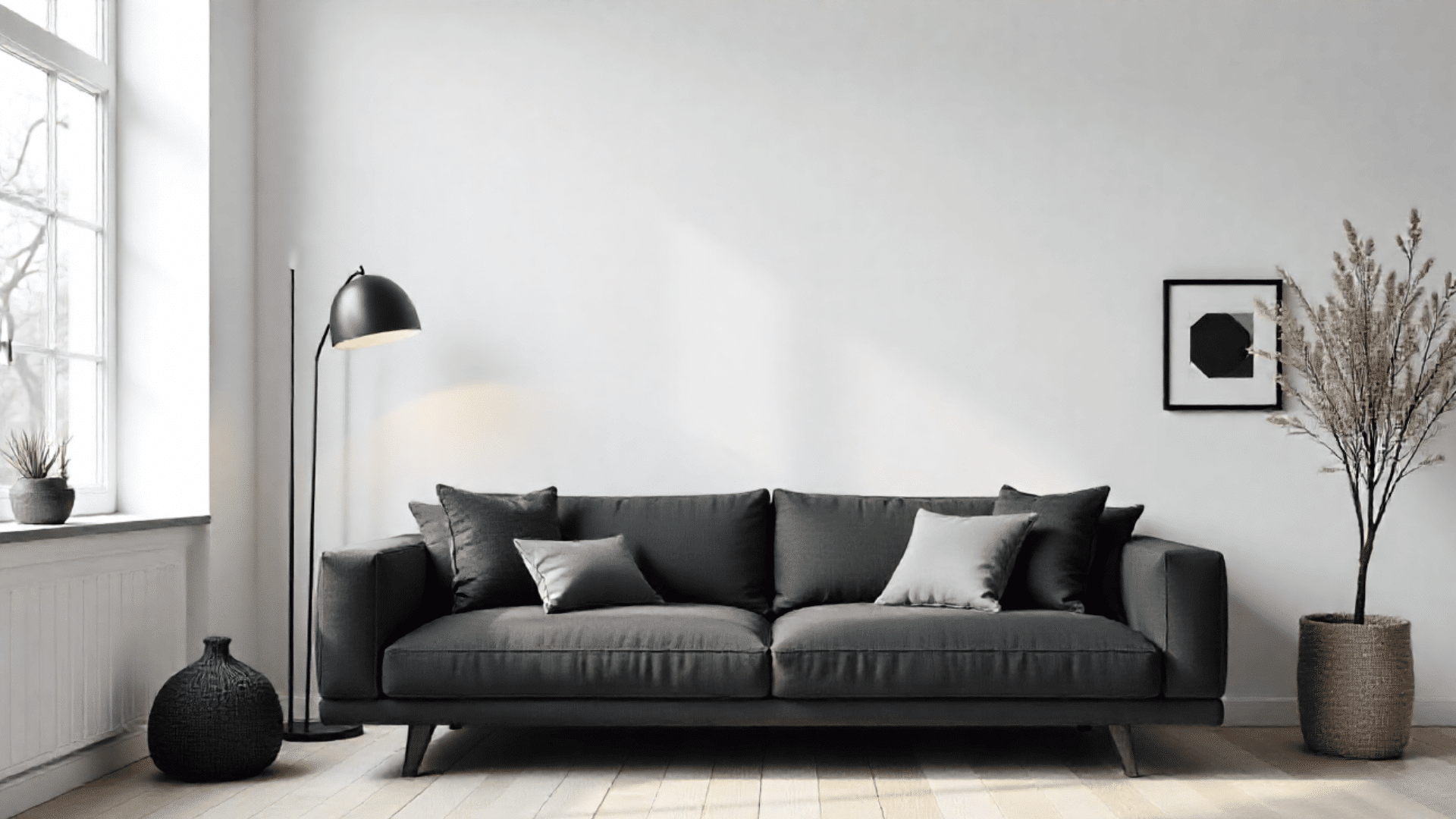 sofa with decorative pillows sits in a minimalist living room with a floor lamp a framed picture and a potted plant.