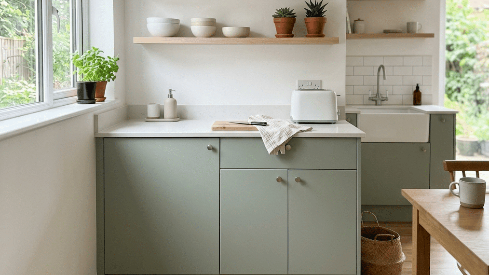 soft green kitchen cabinets under wooden shelves with potted plants bowls a toaster and sunlight from a large window