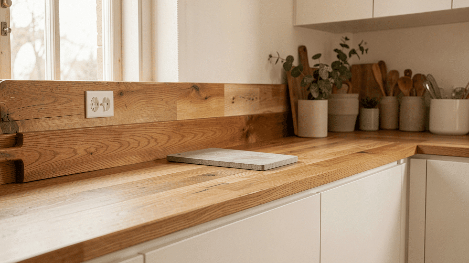 solid oak countertop white matte cabinets stone cutting board soft daylight warm scandi kitchen