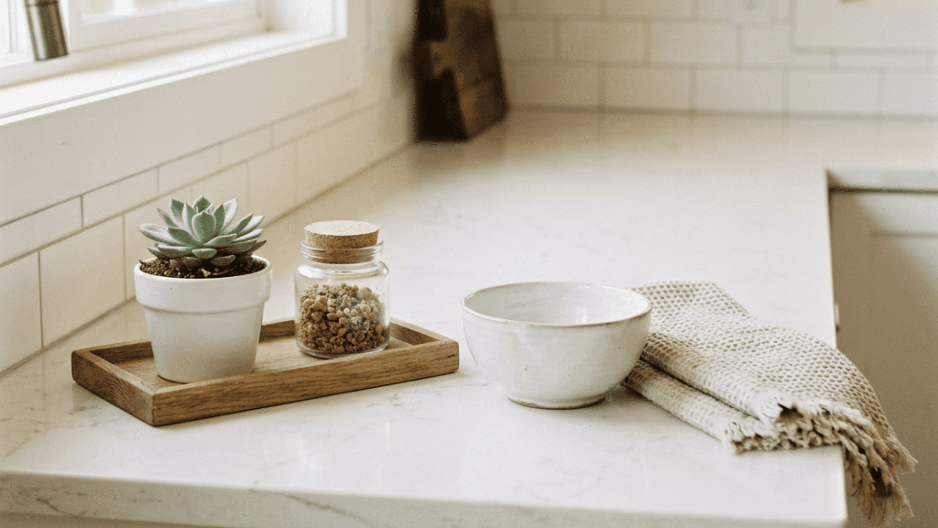 succulent and small jar on a wood tray beside a bowl and folded towel on a white kitchen counter
