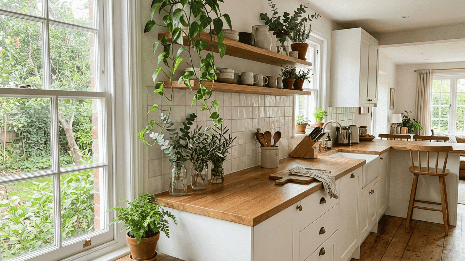 sunlit kitchen with wooden counters white cabinets potted plants open shelves and garden views through large windows