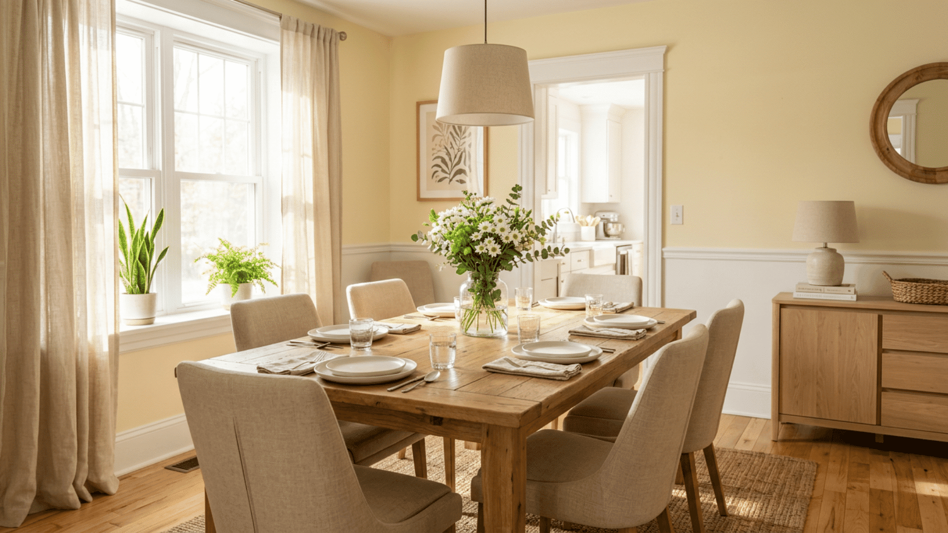 sunny yellow dining room with a rustic wood table cream chairs flowers plants and soft curtains by large windows