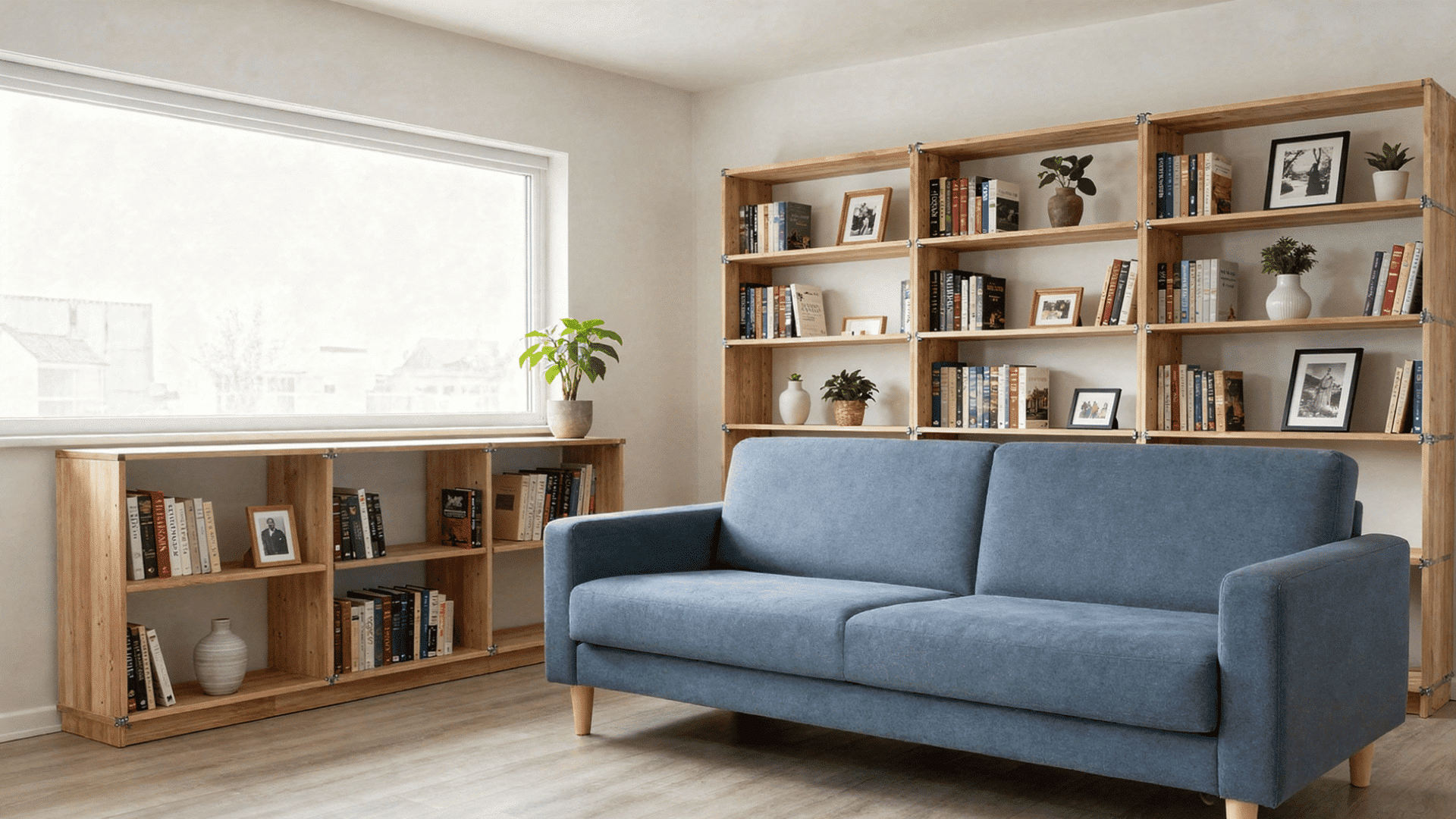 swedish functionalism living room with modular birch shelving flat sofa exposed wood joinery