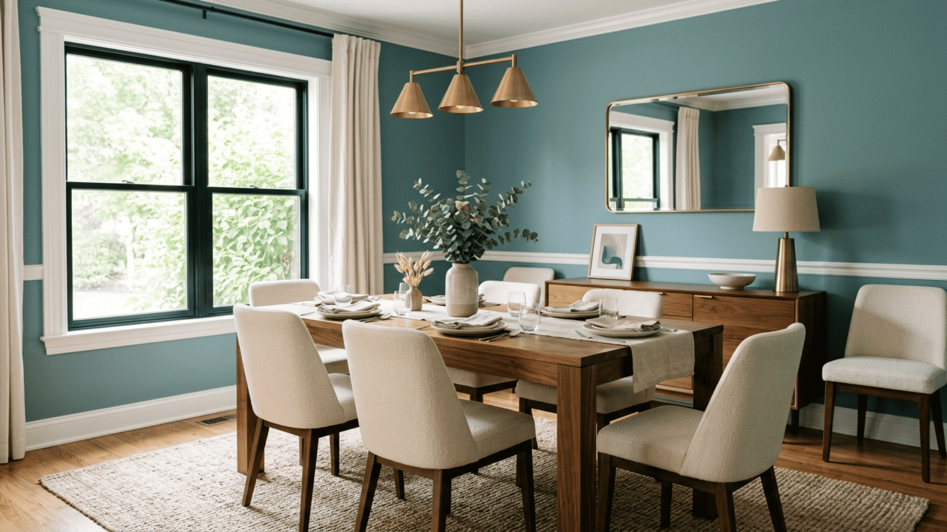 teal dining room with a wood table cream chairs gold pendant light large mirror sideboard and black framed windows
