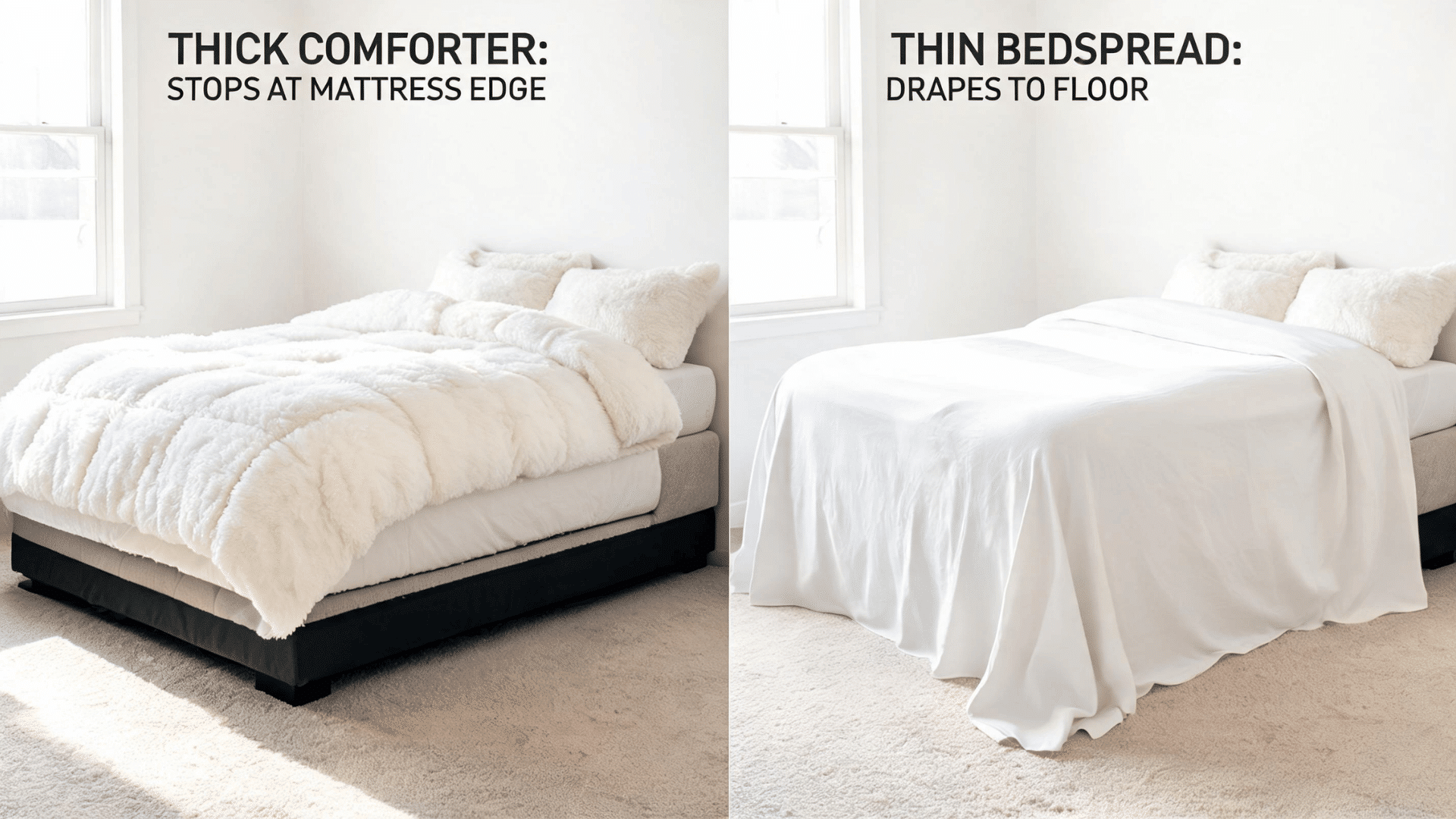 thick fluffy comforter stopping at the mattress edge compared to a thinner bedspread draping smoothly to the floor