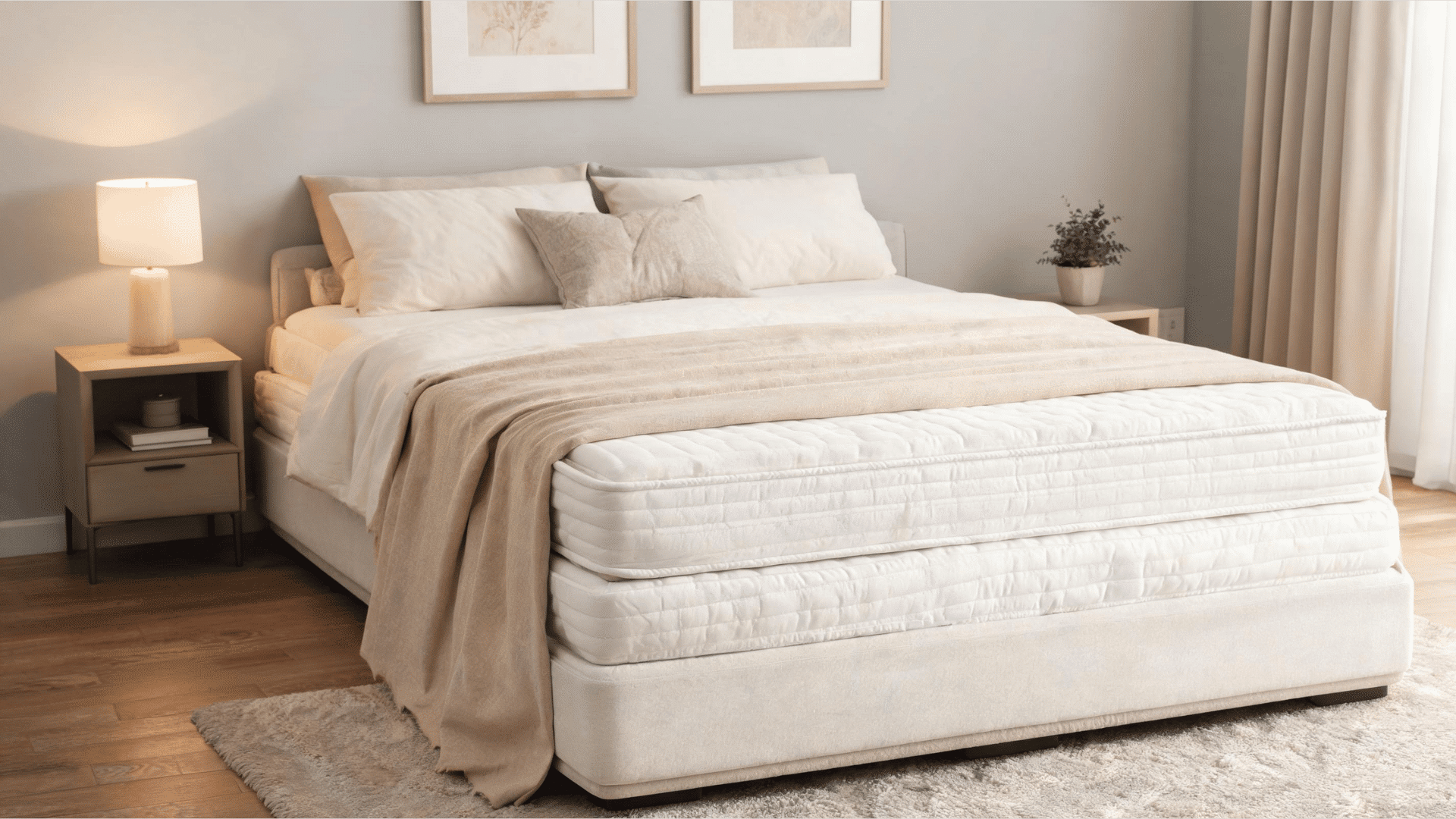 thick pillow top mattress with extra foam topper taking up fabric length from the draped bedspread on a high foundation