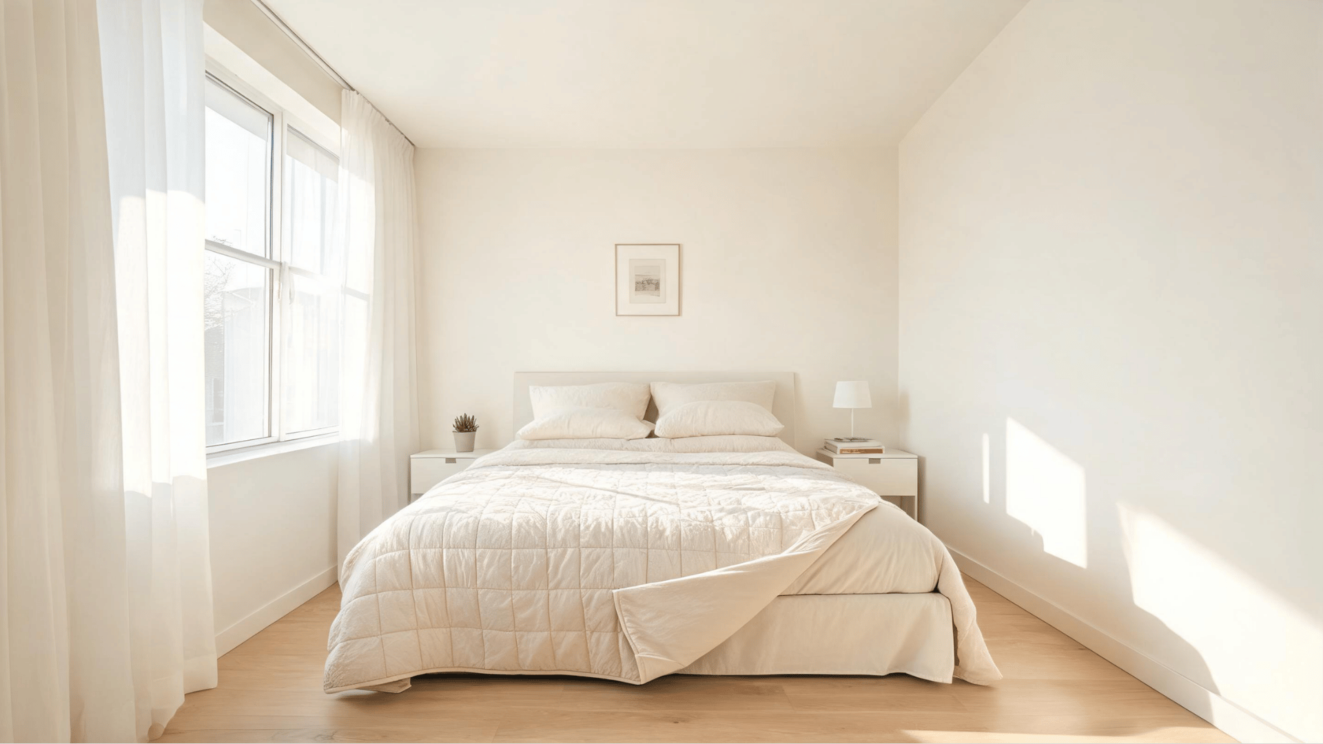 thin lightweight quilted bedspread neatly folded back at the corner of a full bed inside a naturally lit small bedroom