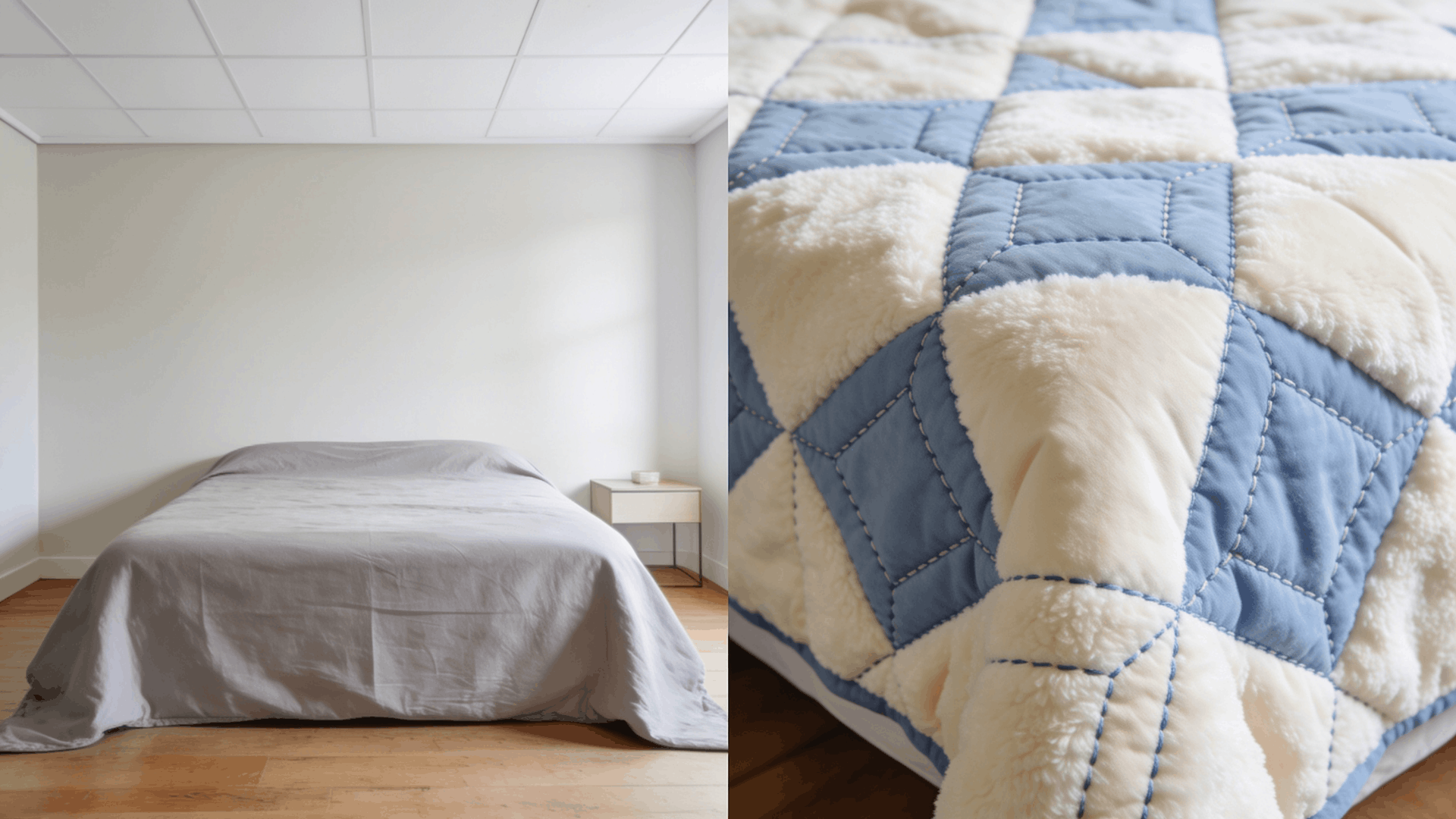 thin smooth coverlet on one side and a thicker stitched quilt on the other side clean bright room