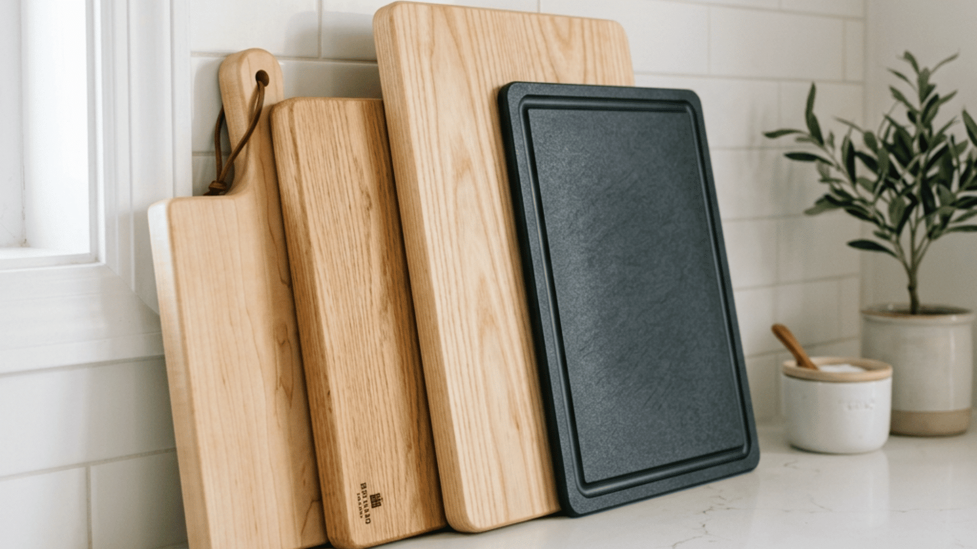 three light wood cutting boards and one dark plastic cutting board leaning against a white tile wall on a white marble counter with soft natural light