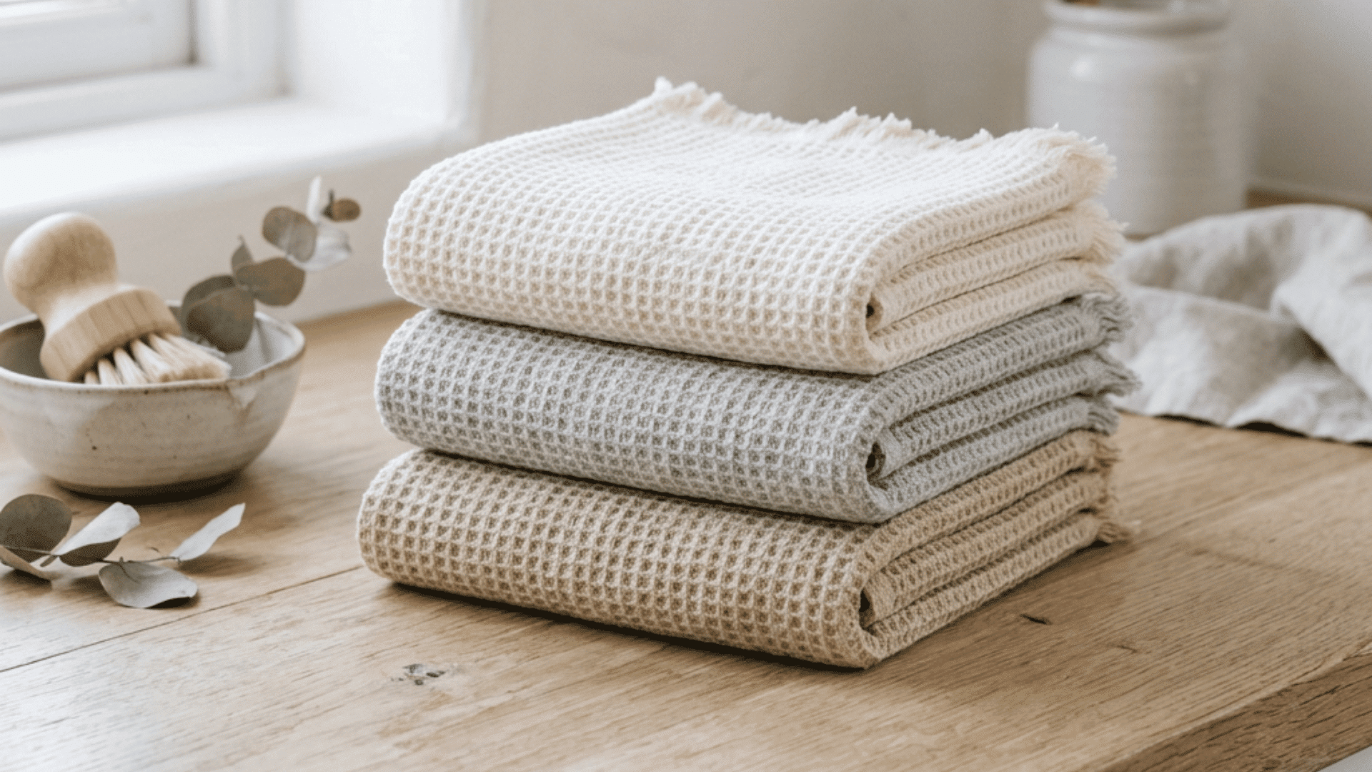 three neatly folded cotton waffle dish towels in cream and grey and beige stacked on a light wood counter with soft natural light from a nearby window