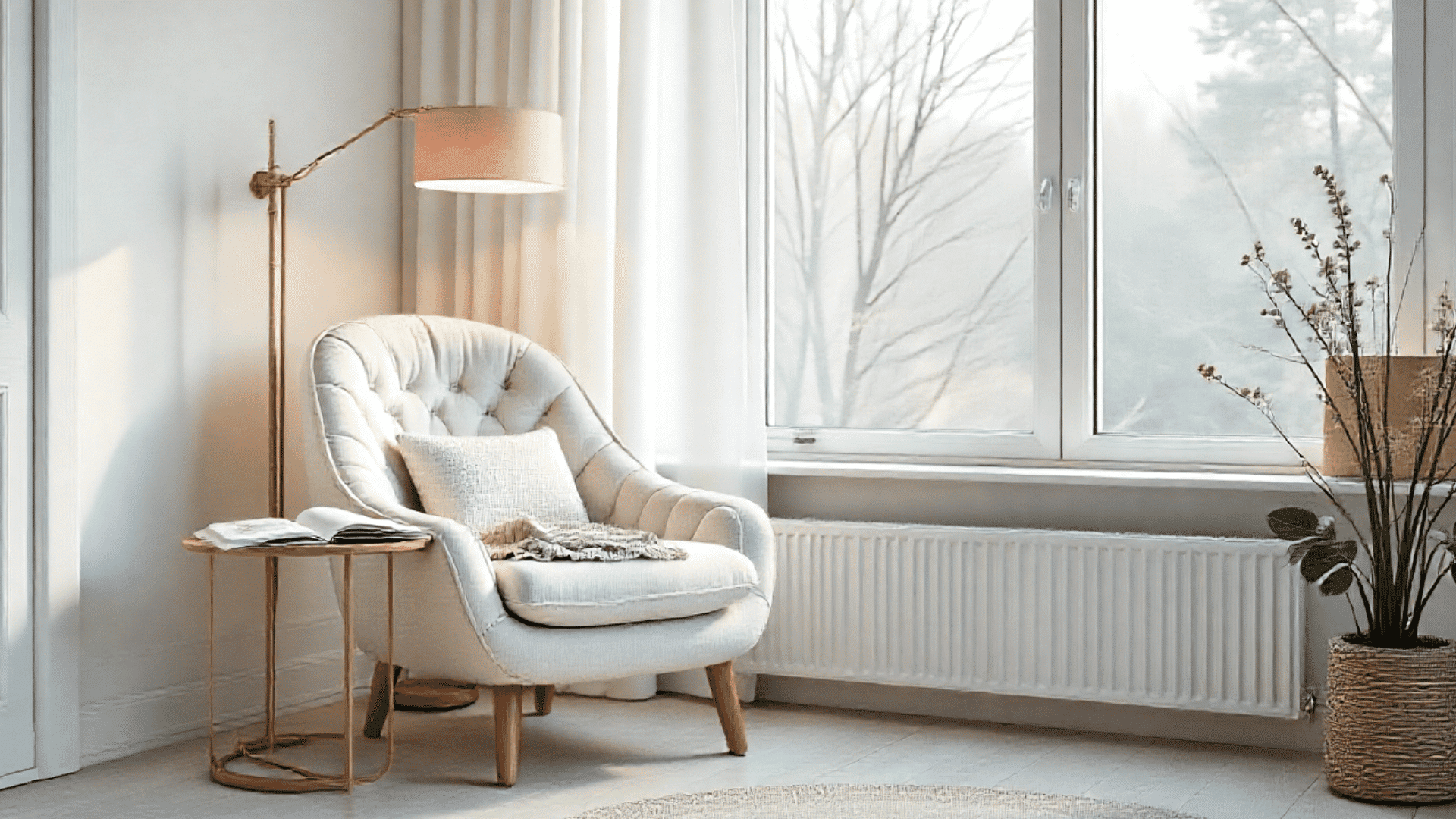 tufted armchair with a throw pillow and blanket sits next to a small side table and a floor lamp with a pink shade