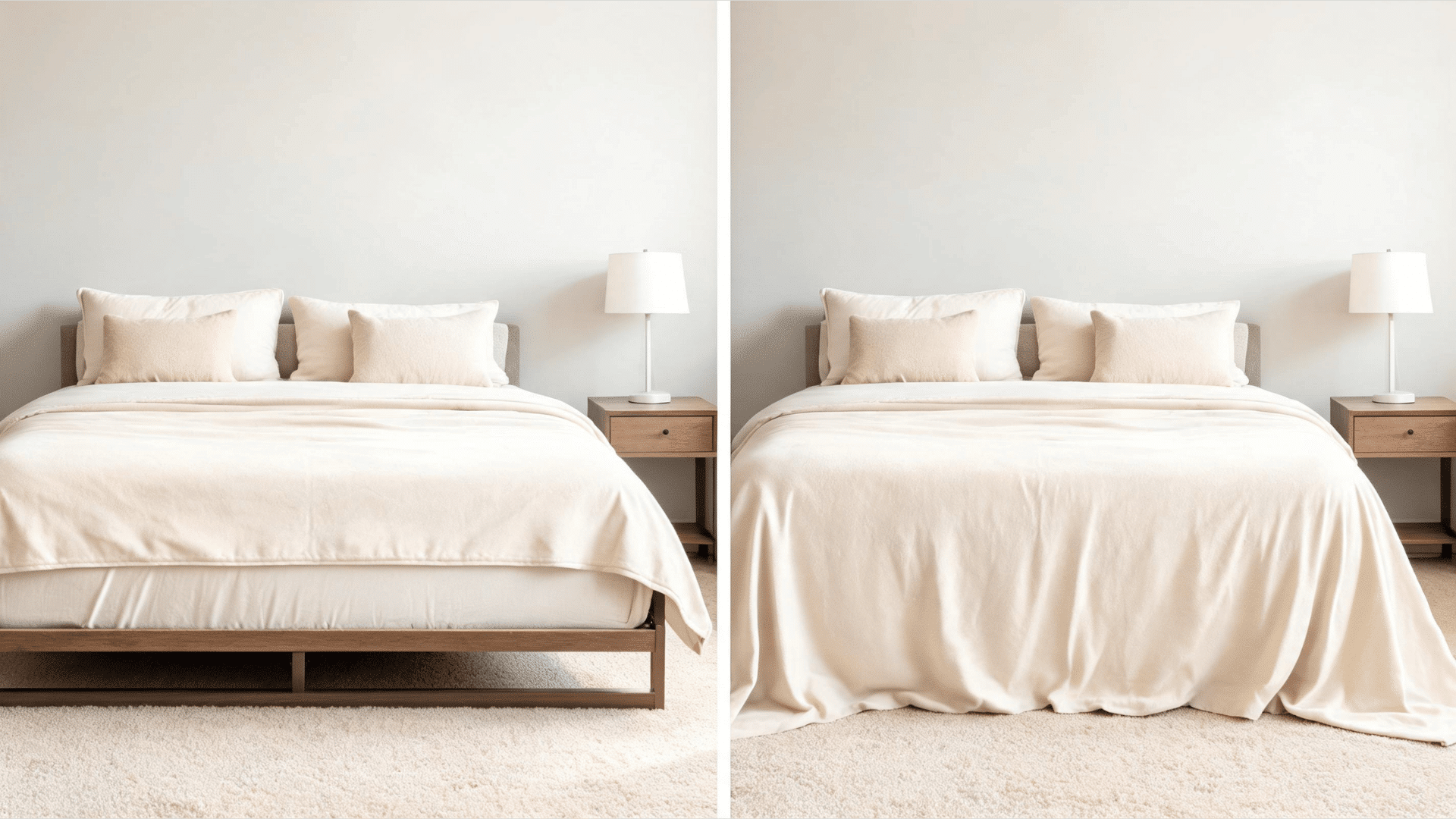 two full beds side by side showing a short bedspread exposing the frame and a long bedspread hiding the frame completely