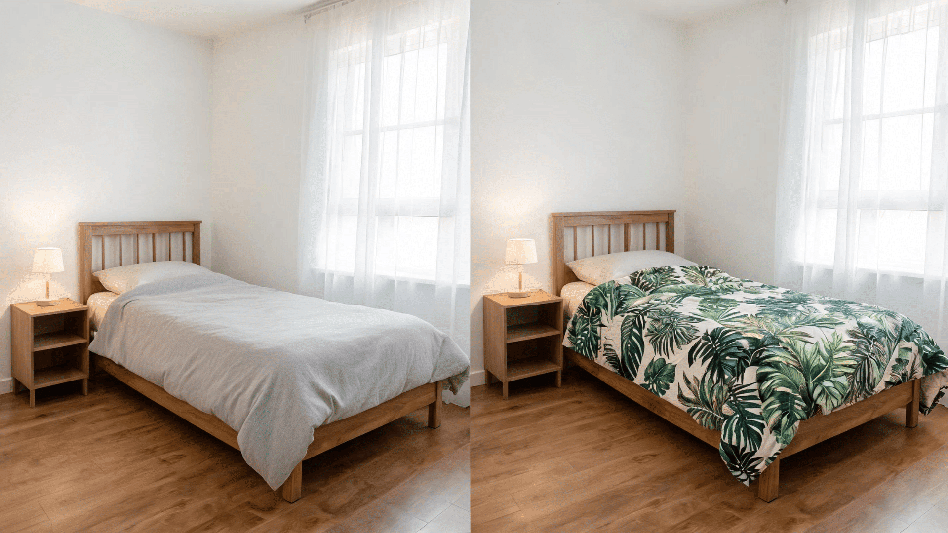 two full bedspreads in a small room comparing a simple soft solid color against a bold large print for visual scale