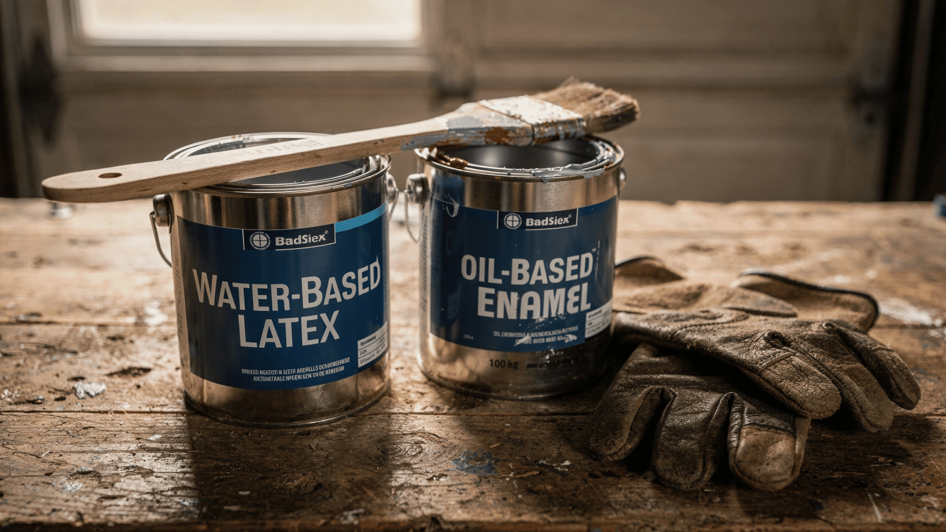 two open paint cans on wooden workbench one water based and one oil based with stirrer and work gloves nearby