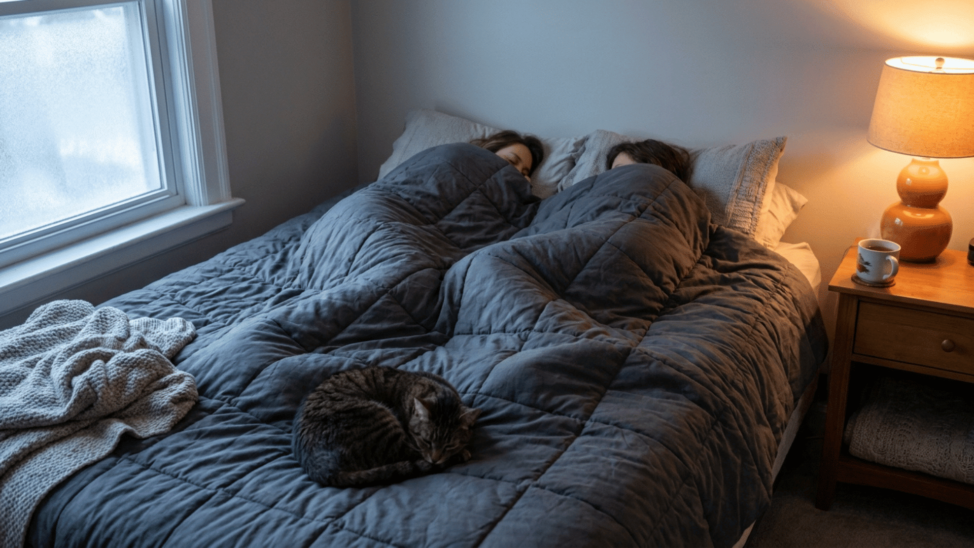 two people and a cat sharing a full bed under a thick queen comforter on a cozy winter morning