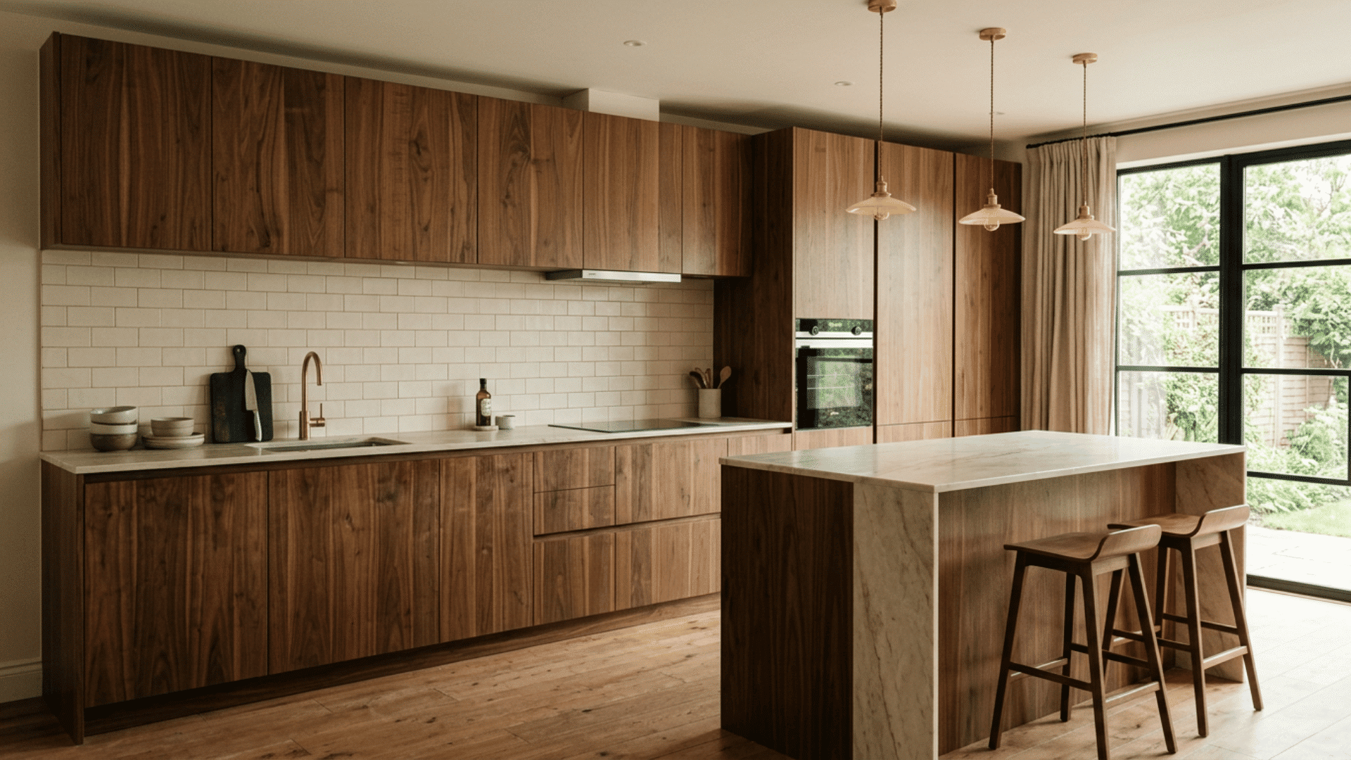 walnut kitchen with marble island bar stools brass pendant lights cream tile backsplash and black framed garden doors