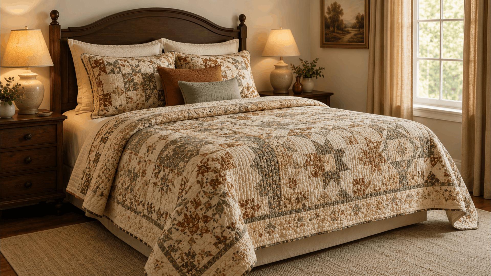 warm bedroom with a patterned quilt soft pillows wooden bed and gentle natural light