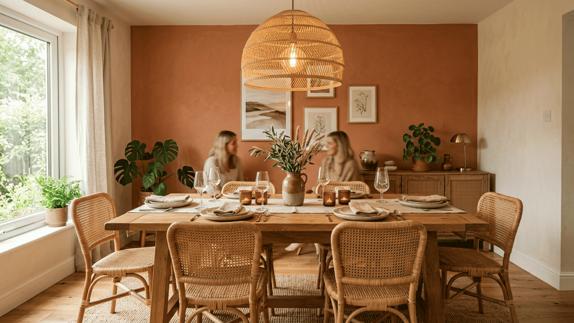 warm dining room with terracotta wall rattan pendant wooden table wicker chairs plants and two women talking