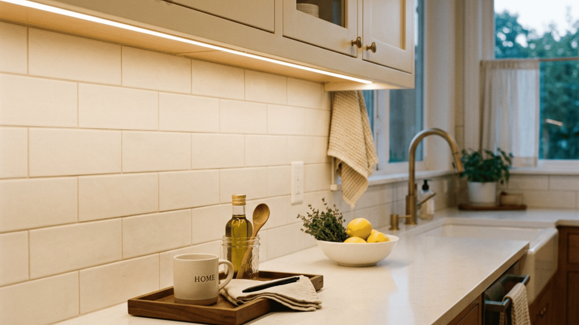 warm kitchen counter with glass cabinets subway tile lemons herbs oil mug and sink near curtained window