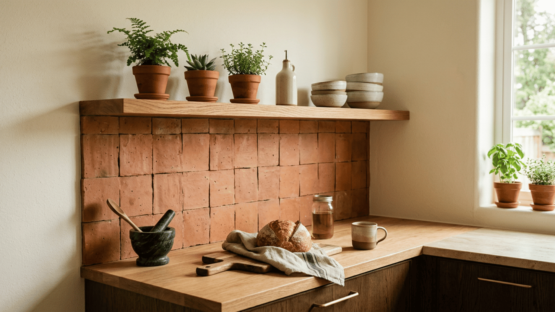 warm kitchen counter with terracotta tile backsplash potted herbs bowls bread oil and mortar by a window