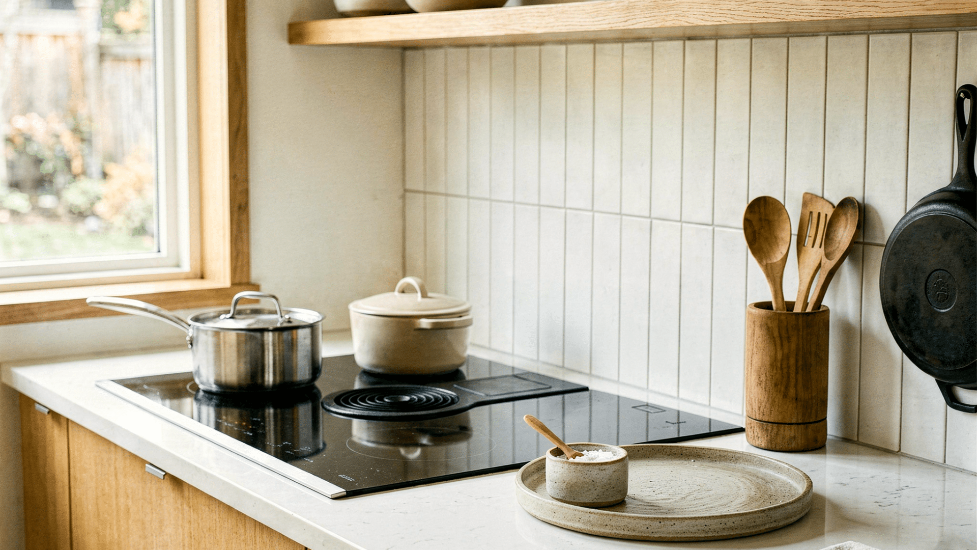 warm kitchen counter with wood shelves tiled backsplash pots utensils and sunlight from a nearby window