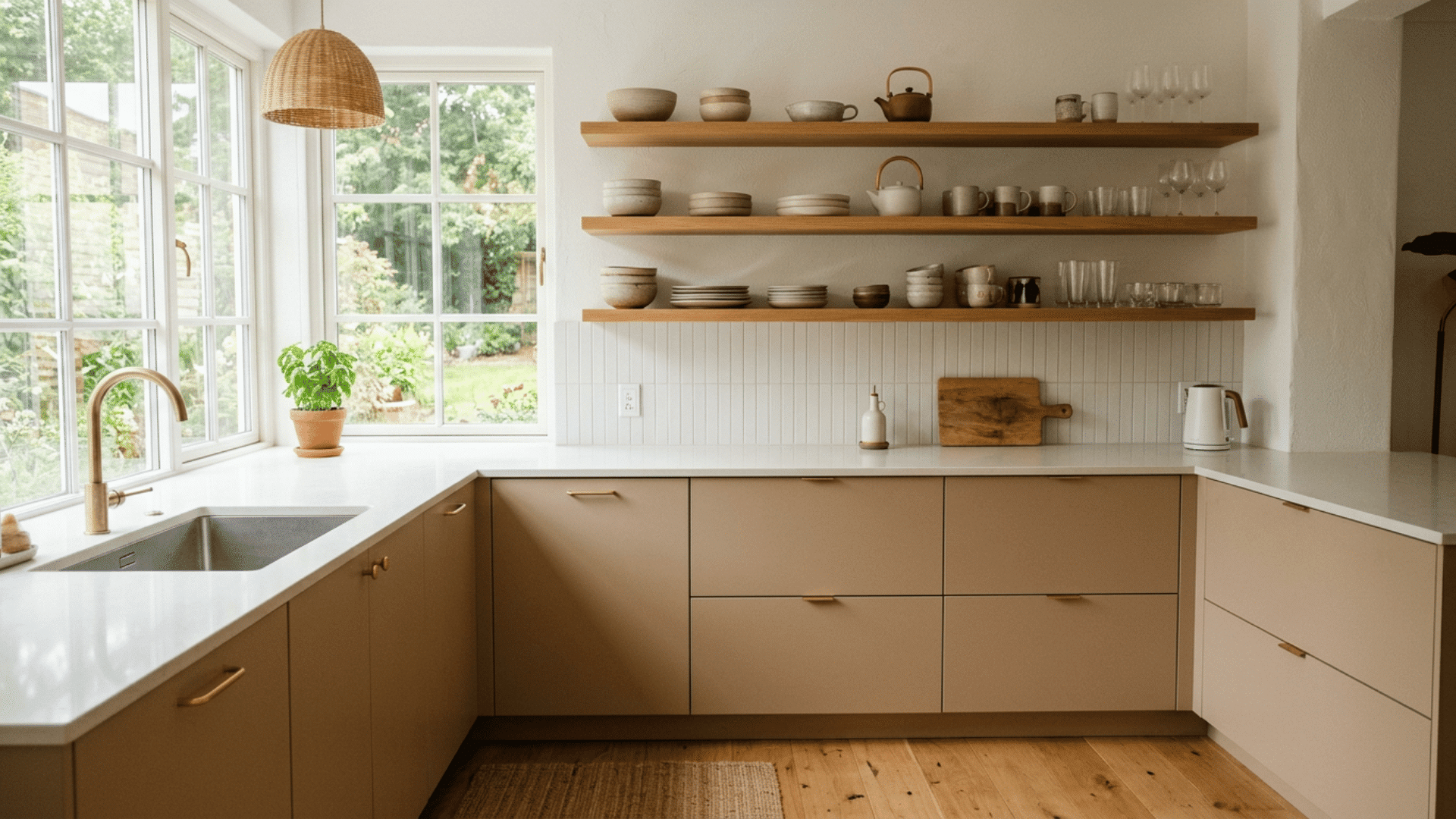 warm kitchen with brass sink open wood shelves dishes woven pendant garden windows and beige cabinets on wood floor