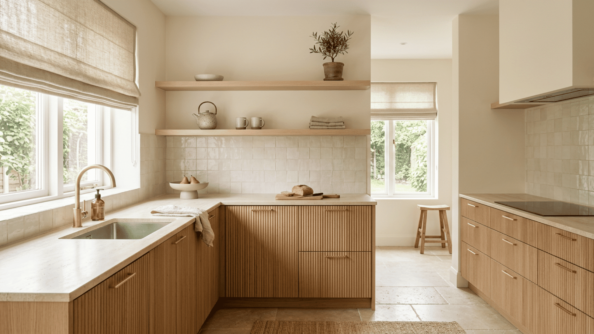 warm kitchen with fluted wood cabinets brass fixtures cream tile backsplash open shelves and sunlit garden windows