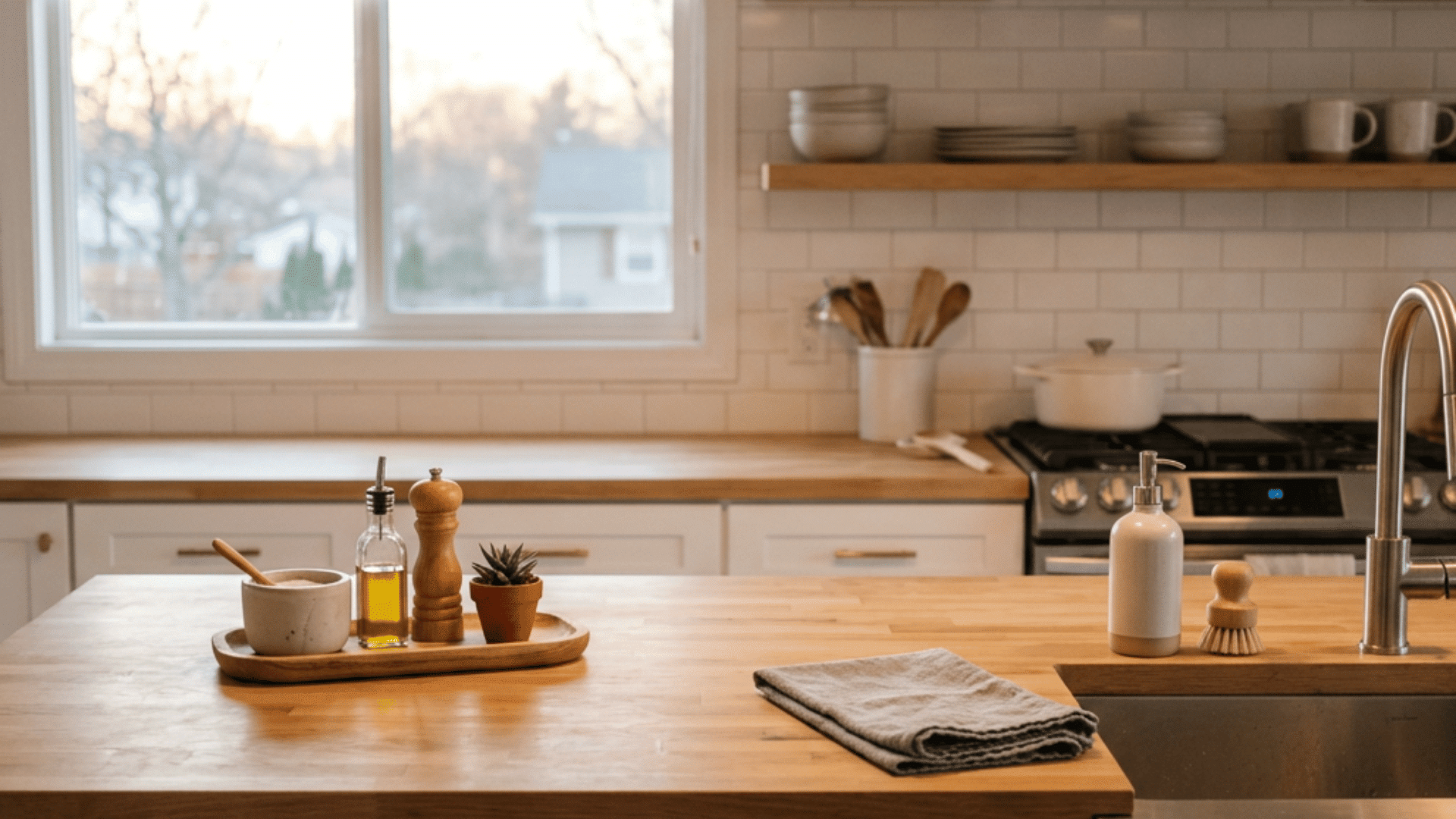 warm kitchen with wood island farmhouse sink white cabinets open shelves and tray with oil pepper and small plant