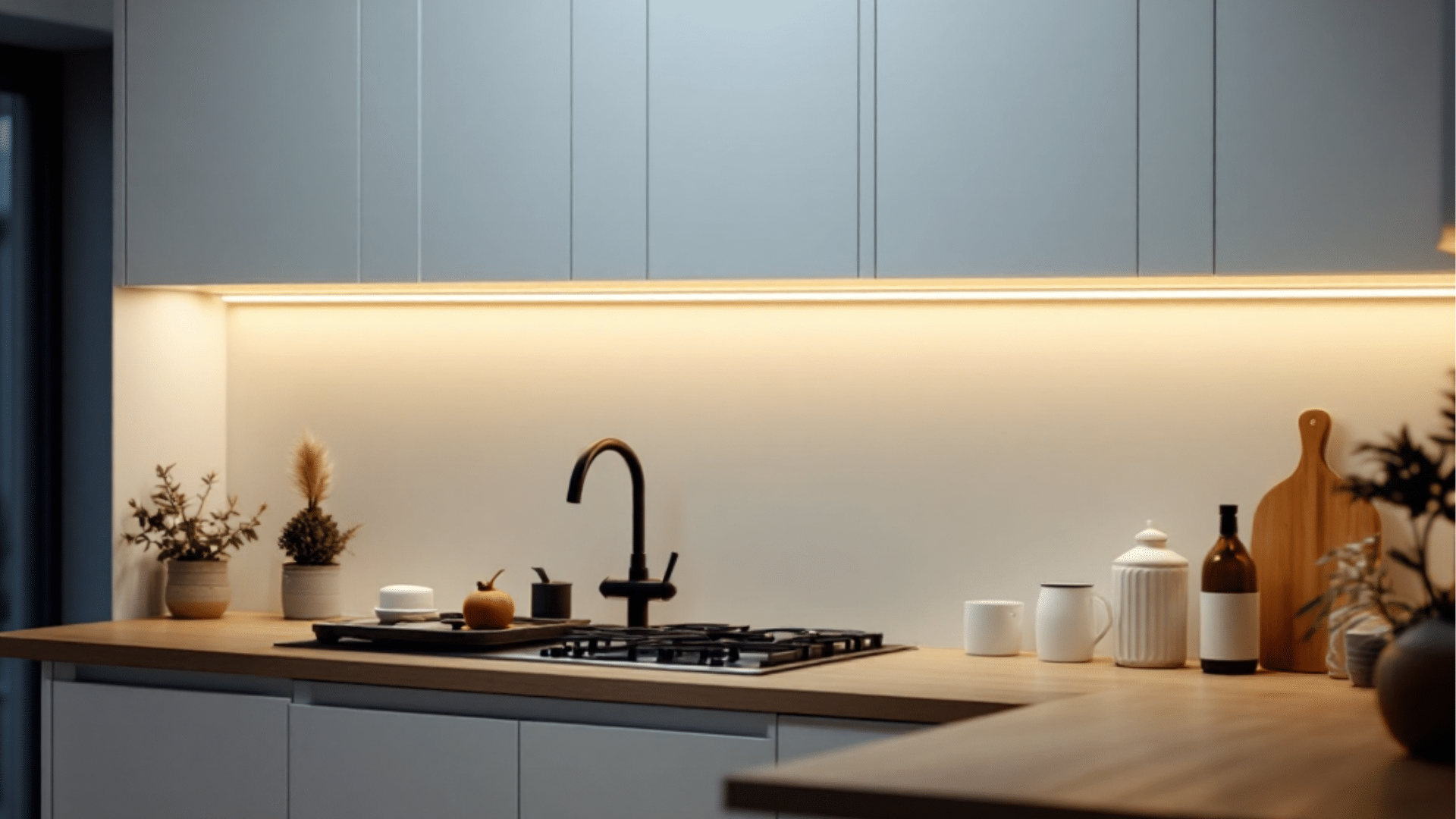 warm led strips under white cabinets golden light oak countertop cozy evening scandi kitchen