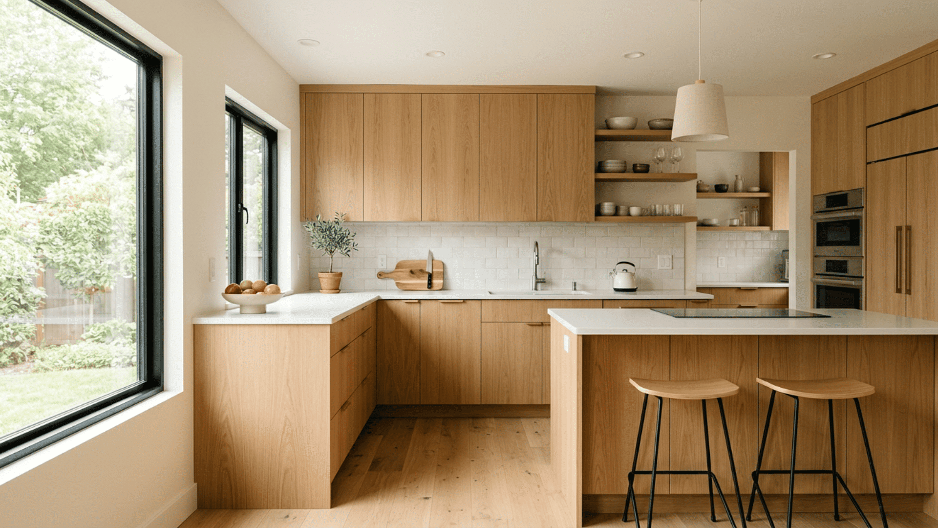 warm oak kitchen with large garden windows white counters island seating open shelves and built in ovens