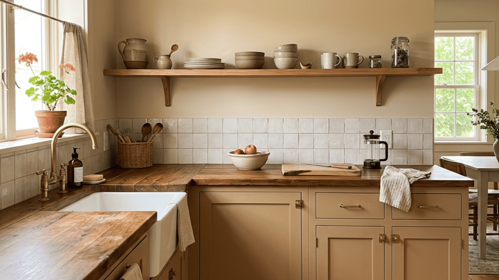warm rustic kitchen with wood counters farmhouse sink open shelf tan cabinets tile backsplash and window plants
