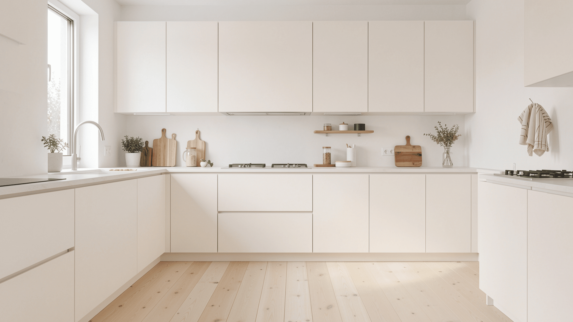 warm white matte cabinets pale birch floors white walls soft daylight minimal scandi kitchen