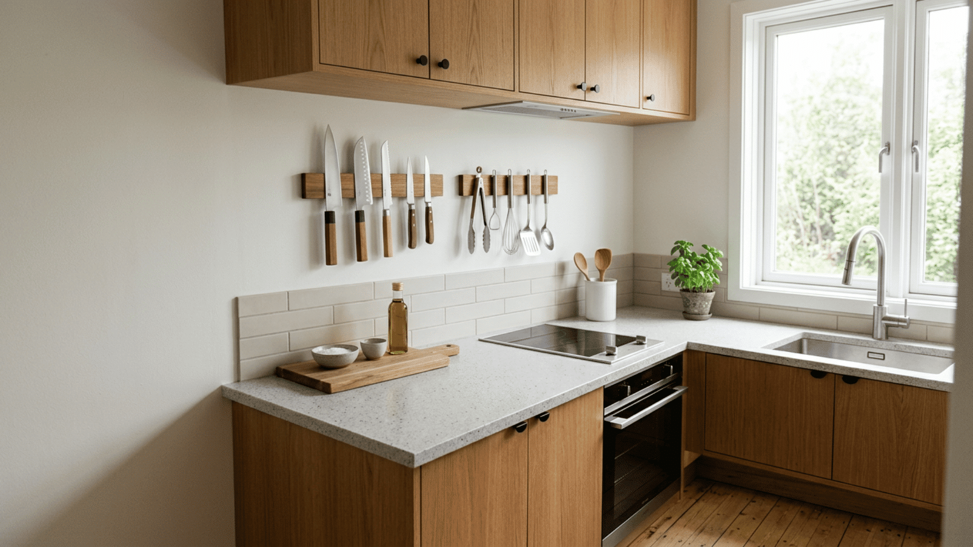 warm wood kitchen with magnetic knife rack hanging utensils stone countertop sink oven window and potted herb
