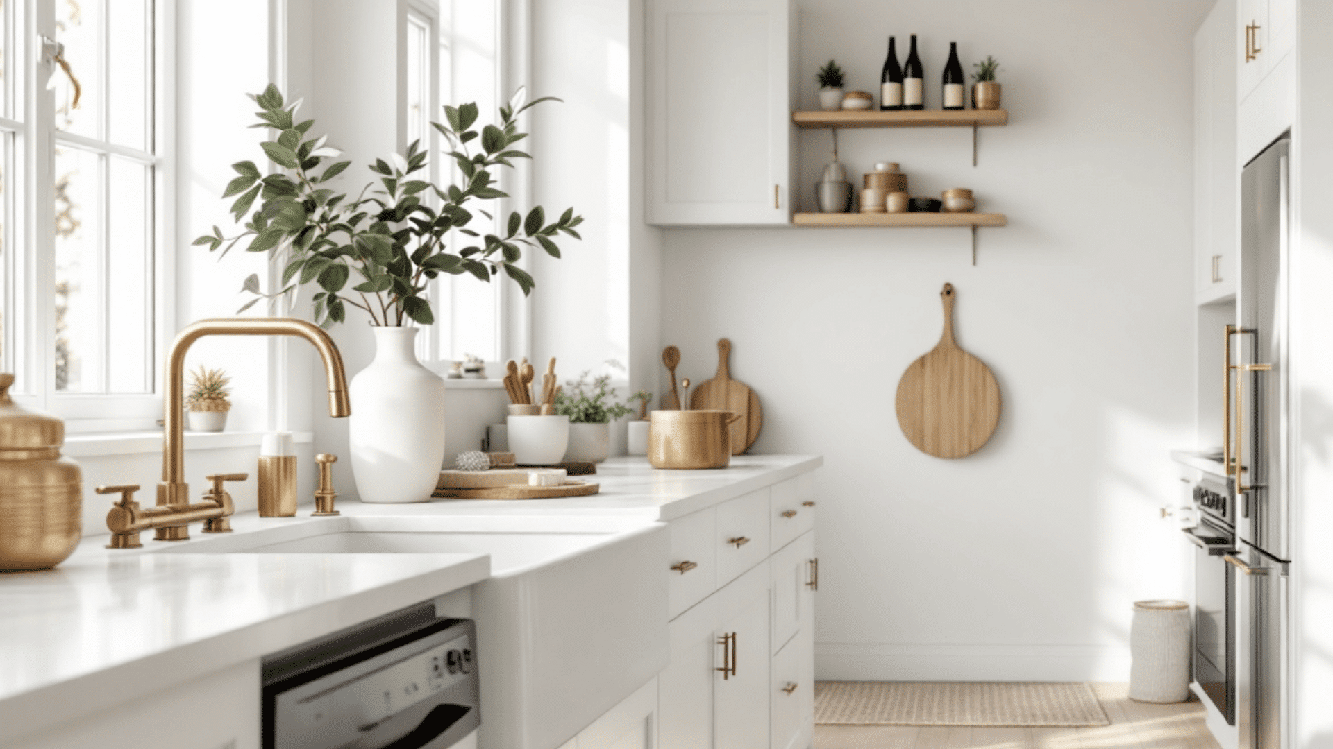 white ceramic bowls wooden cutting boards handmade vases wooden spoons minimal scandi kitchen