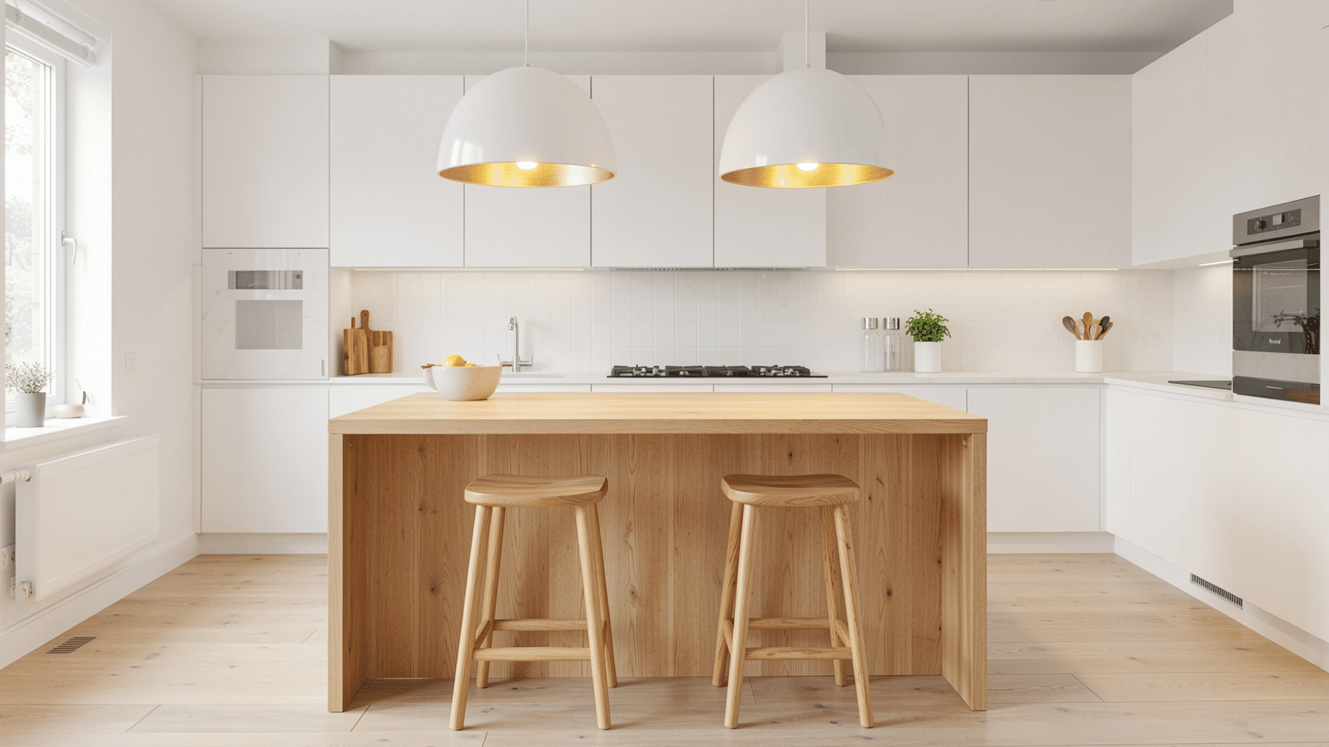 white domed pendants over light oak island wood bar stools warm golden glow scandi kitchen