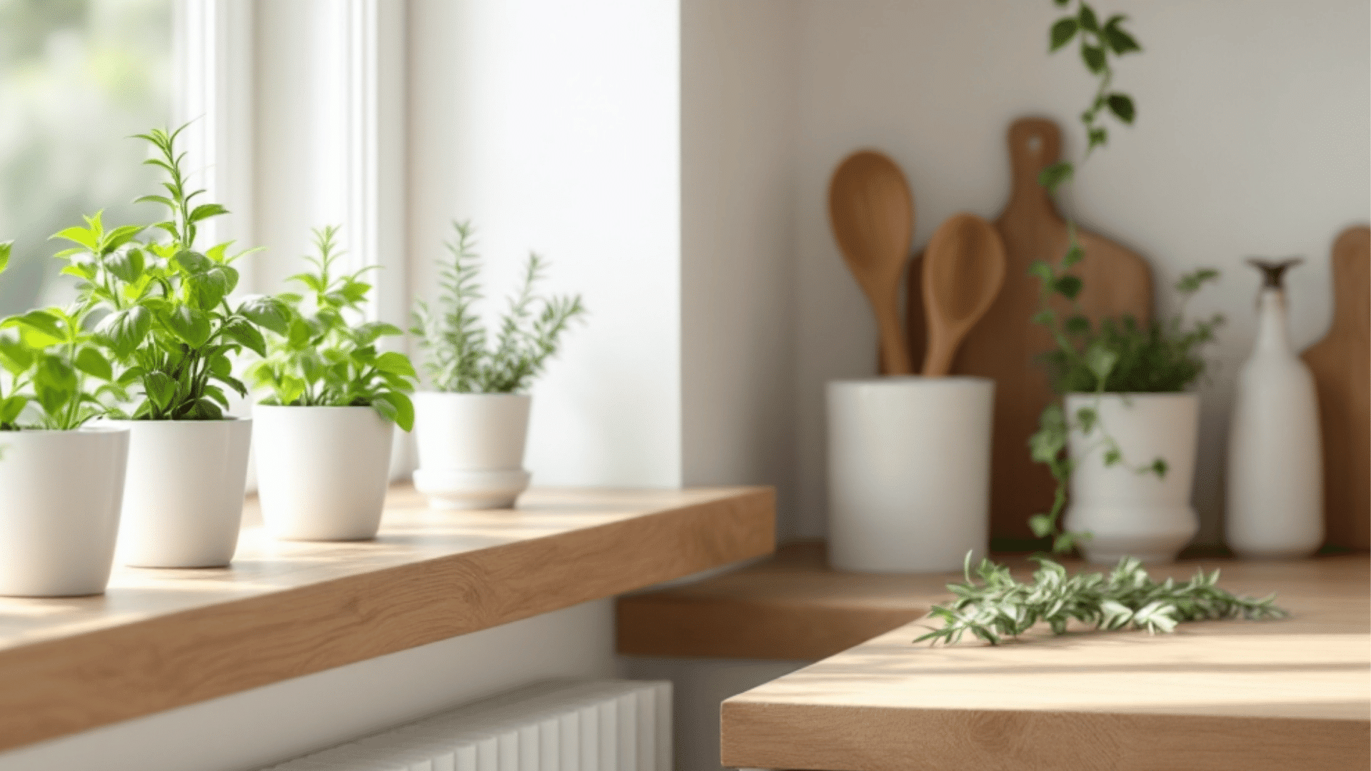 white herb pots basil mint rosemary windowsill soft daylight trailing ivy oak shelf scandi kitchen