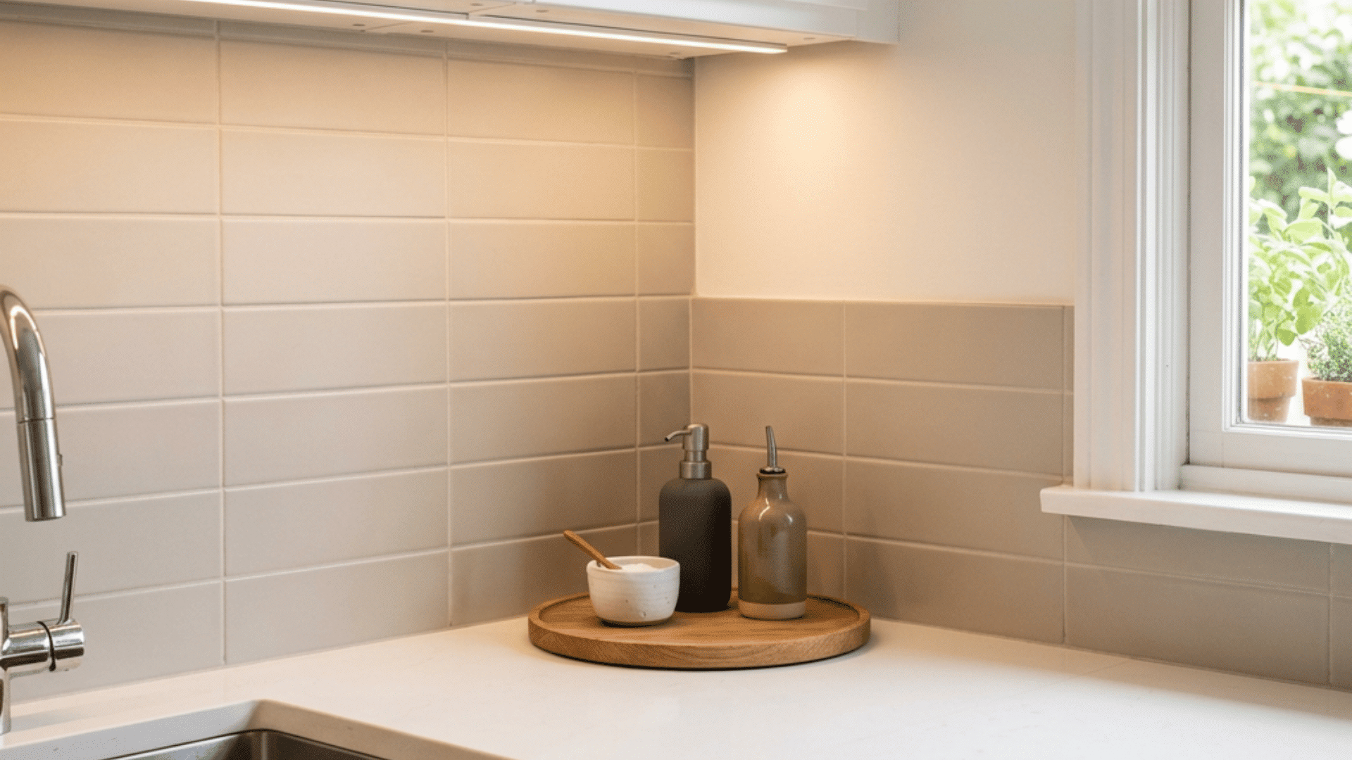 white kitchen counter with sink under cabinet lighting and a tray holding soap bottles and a small bowl