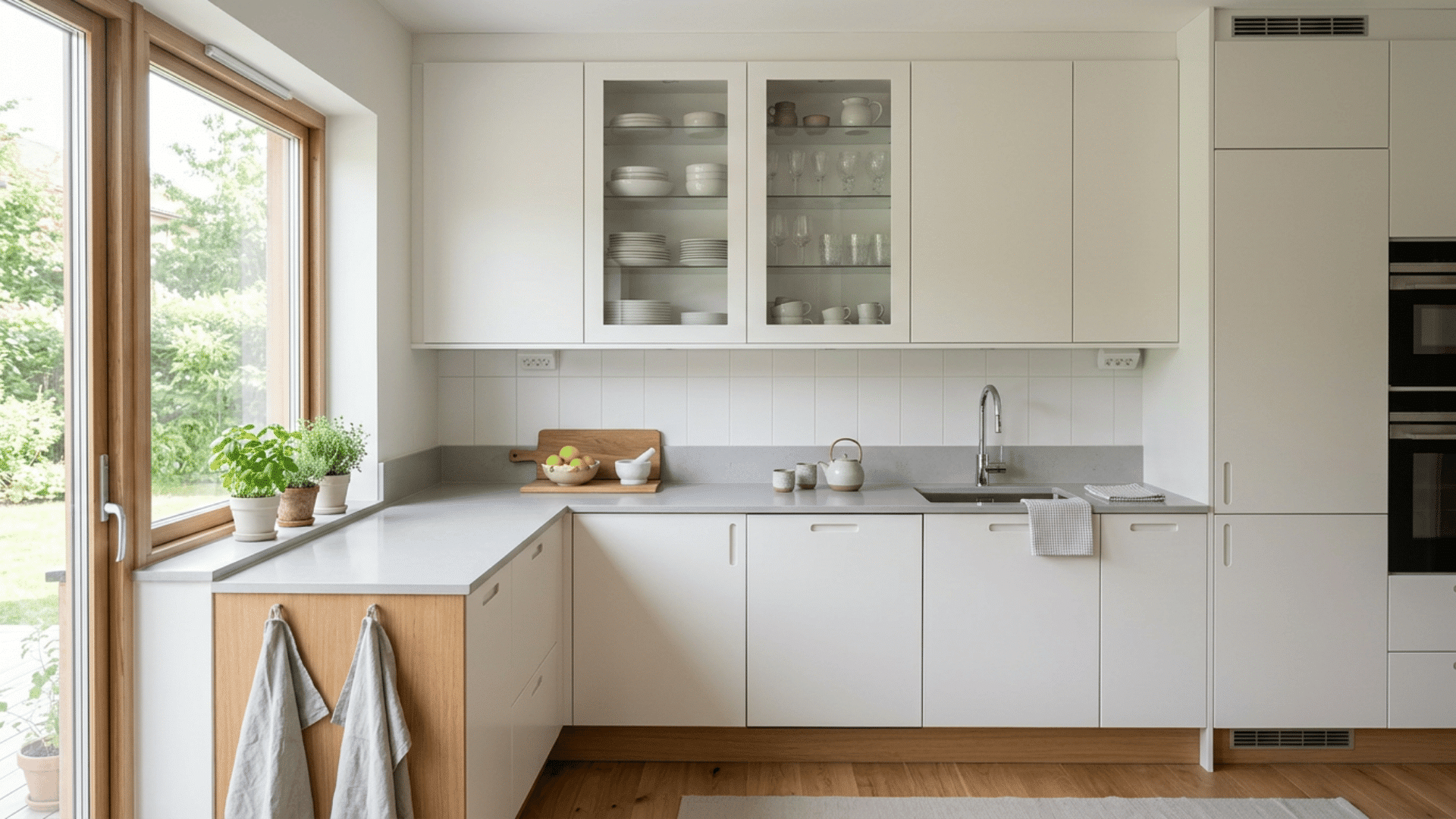 white kitchen with glass cabinet doors wood framed window potted herbs gray counters and built in oven beside pantry