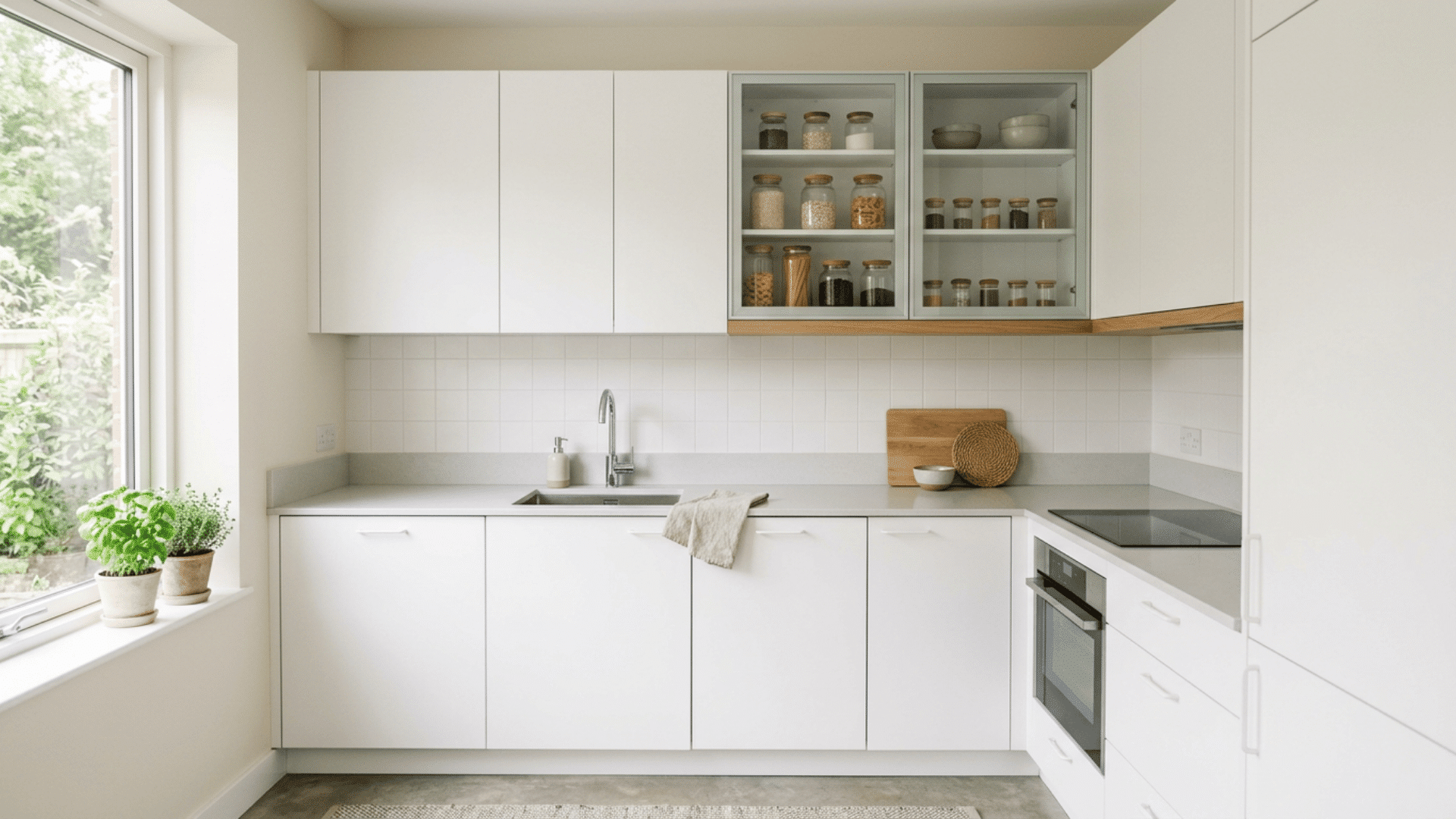 white kitchen with glass front pantry cabinets potted herbs by the window gray counter sink oven and tile backsplash
