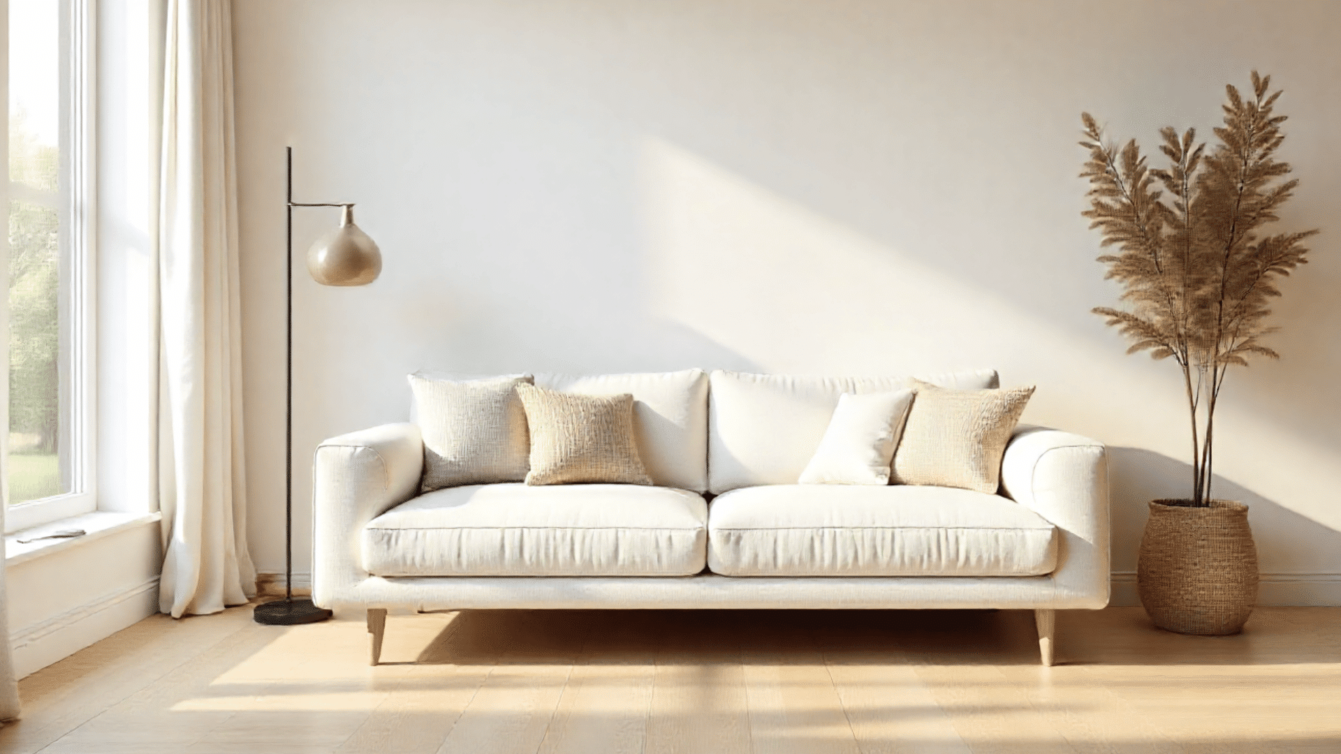 white sofa with textured pillows is placed in a sunlit room next to a large window with sheer curtains