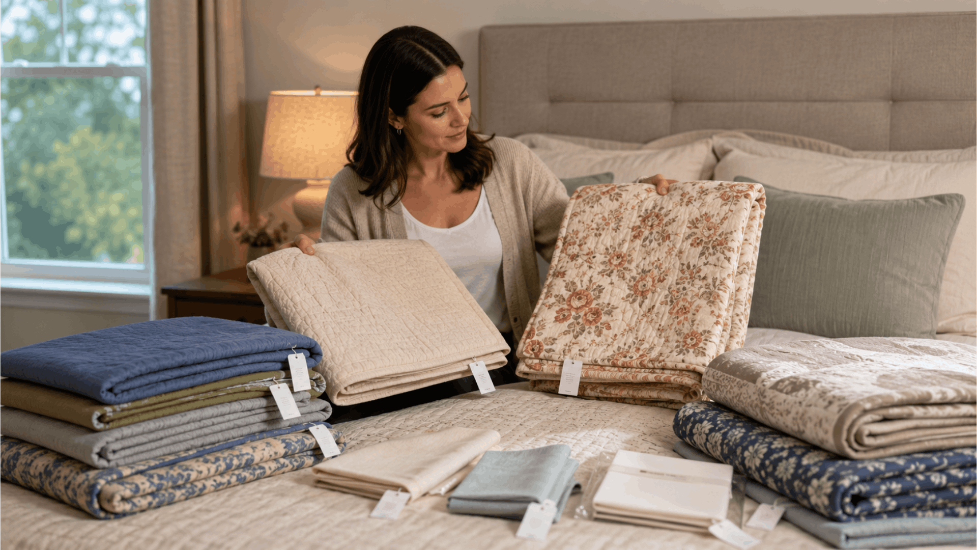 woman comparing folded coverlets and quilts on a bed in a cozy bedroom with soft natural light