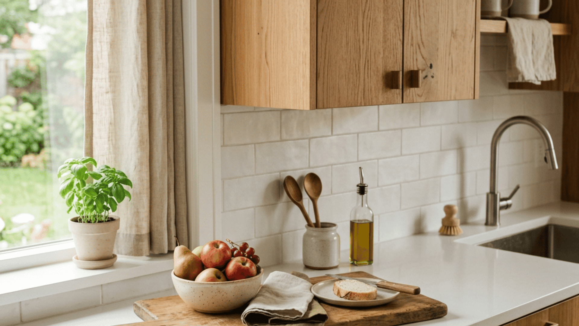 wood kitchen counter with a fruit bowl basil plant sliced bread oil and sink beside a bright garden window