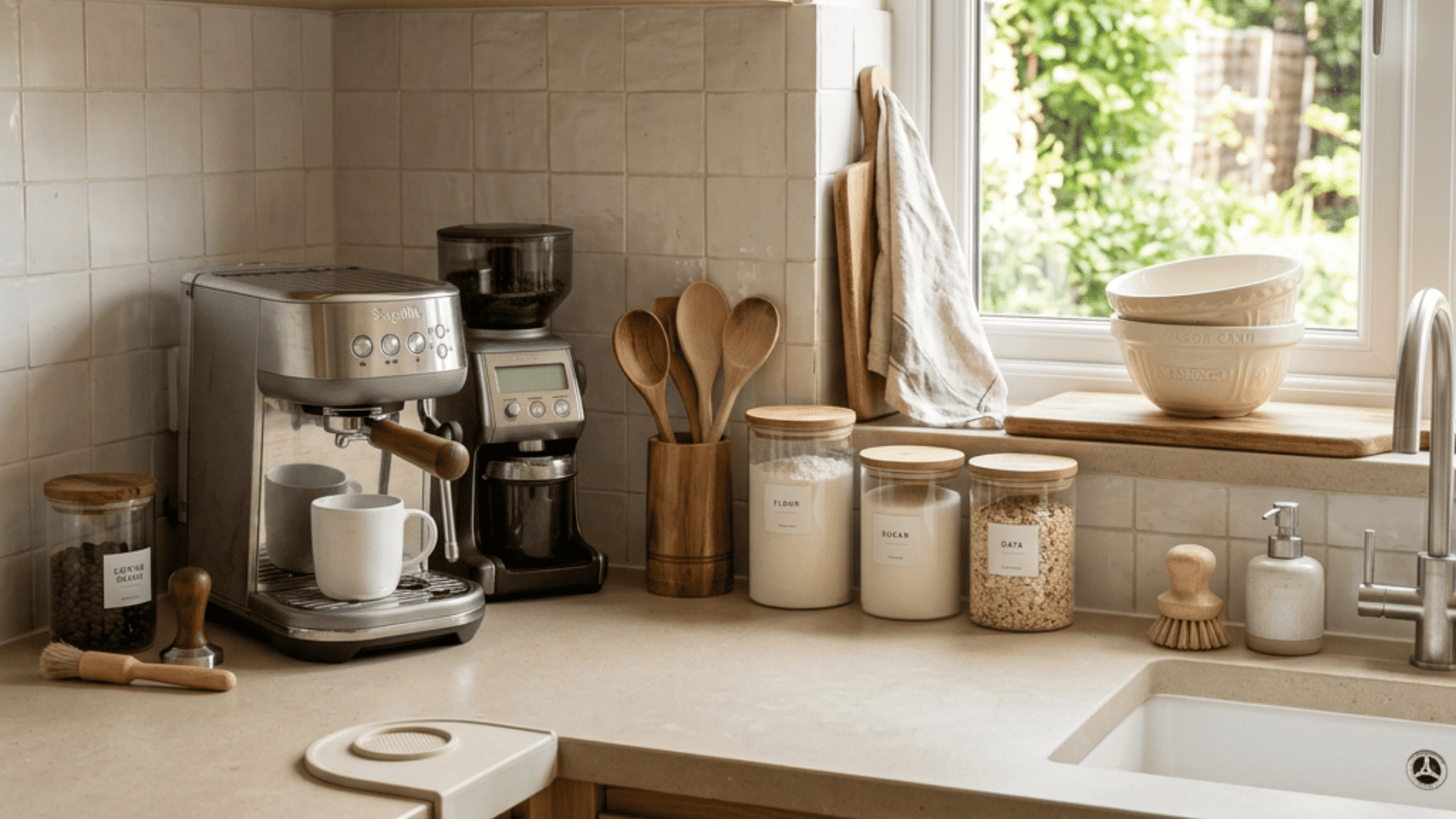 wood kitchen counter with espresso machine grinder jars utensils sink and open shelves beside a bright garden window