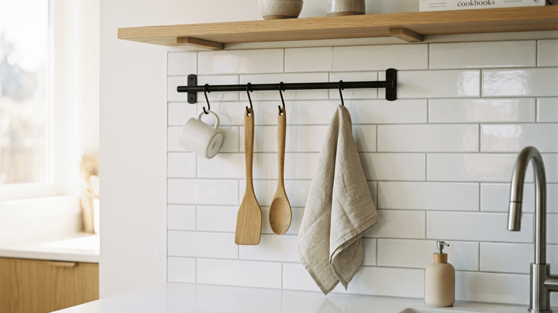 wood kitchen counter with white tile backsplash black rail hanging utensils towel and mug below open shelves