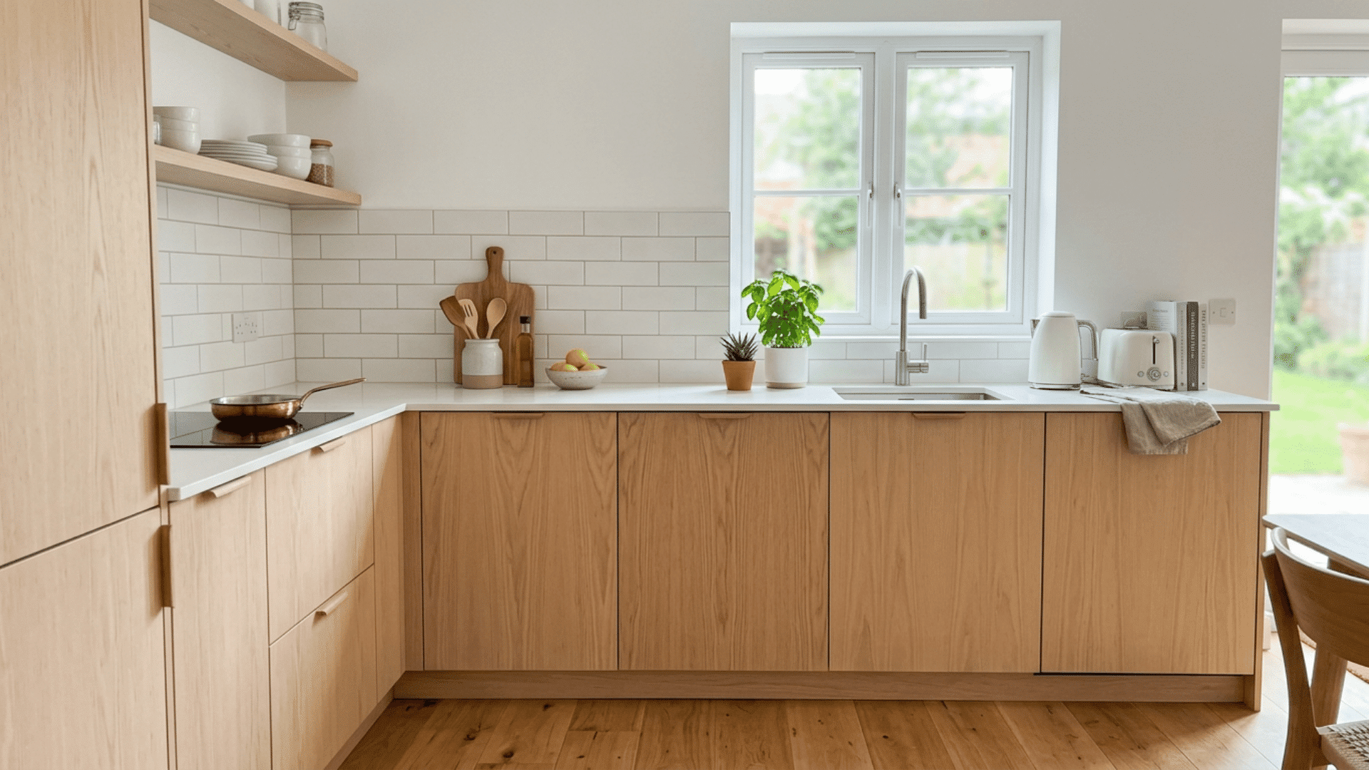 wood kitchen with pale cabinets white tile backsplash open shelves plants kettle toaster and garden view through windows